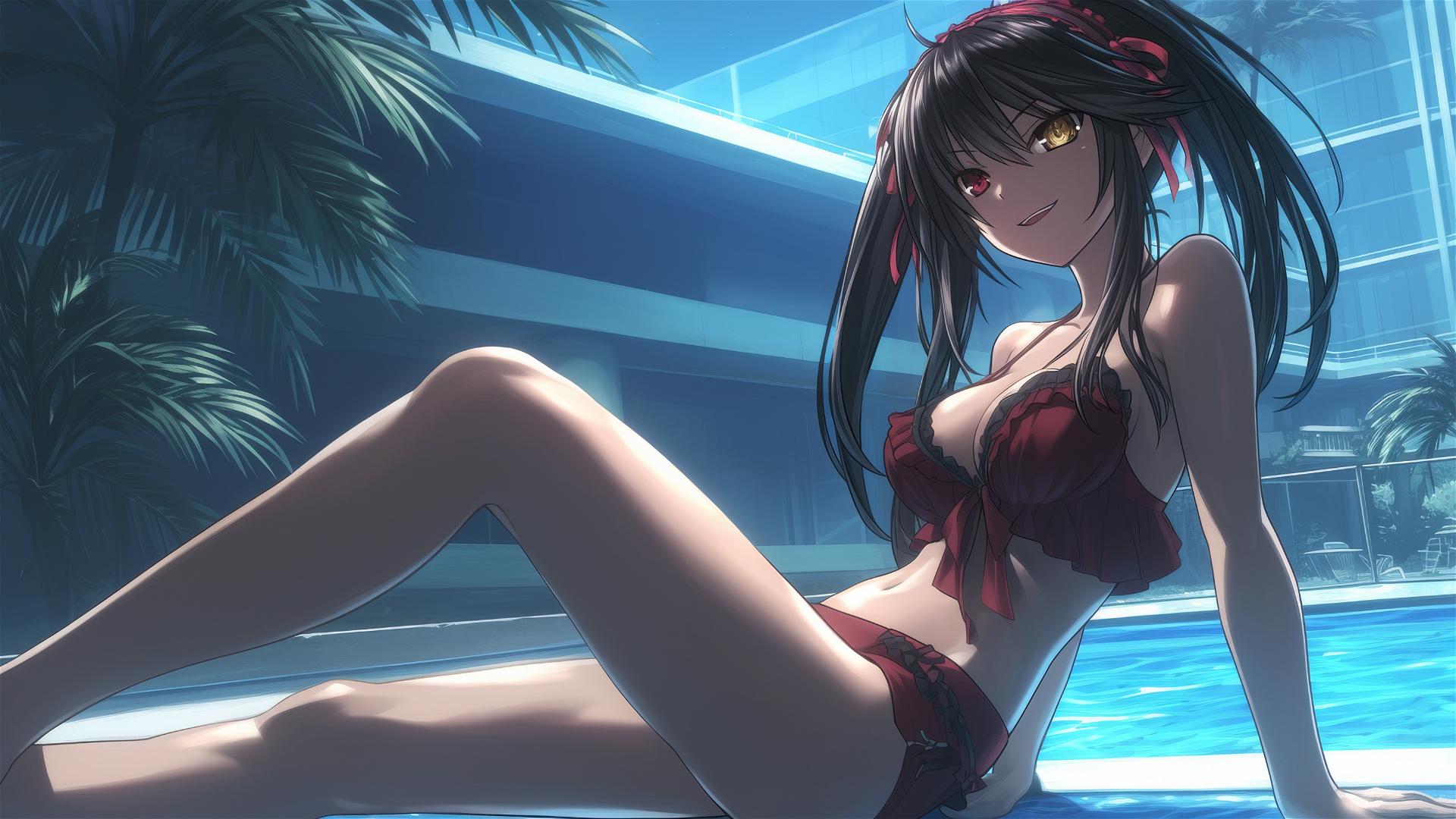 Kurumi Tokisaki by the pool under moonlight