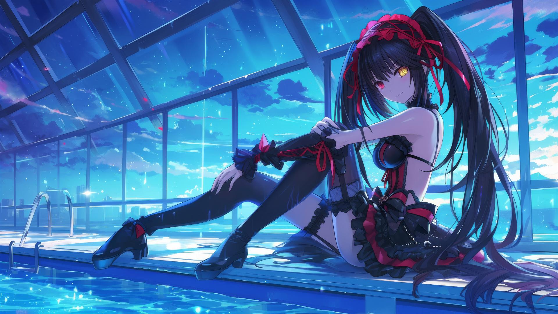 Kurumi Tokisaki resting by pool under moonlight
