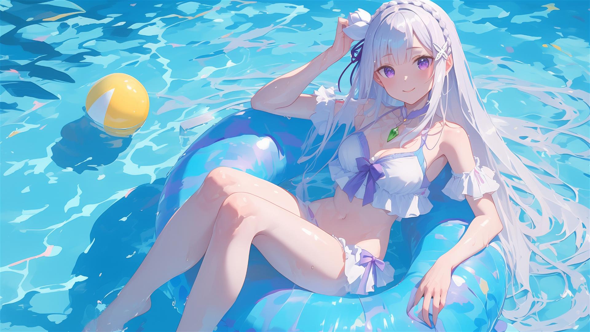 Emilia from Re:Zero resting in pool under moonlight