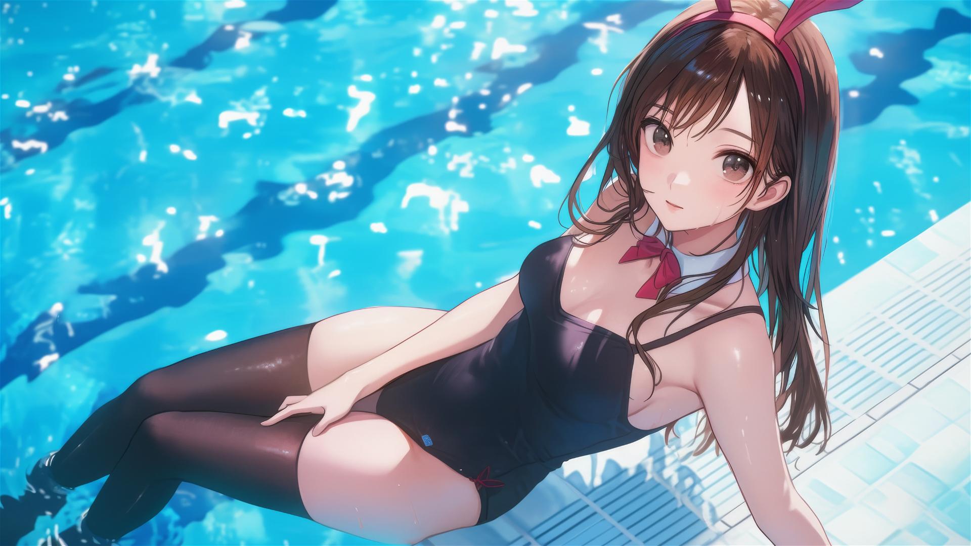 Mizuhara Chizuru relaxing by the pool under moonlight with brown hair and light brown eyes
