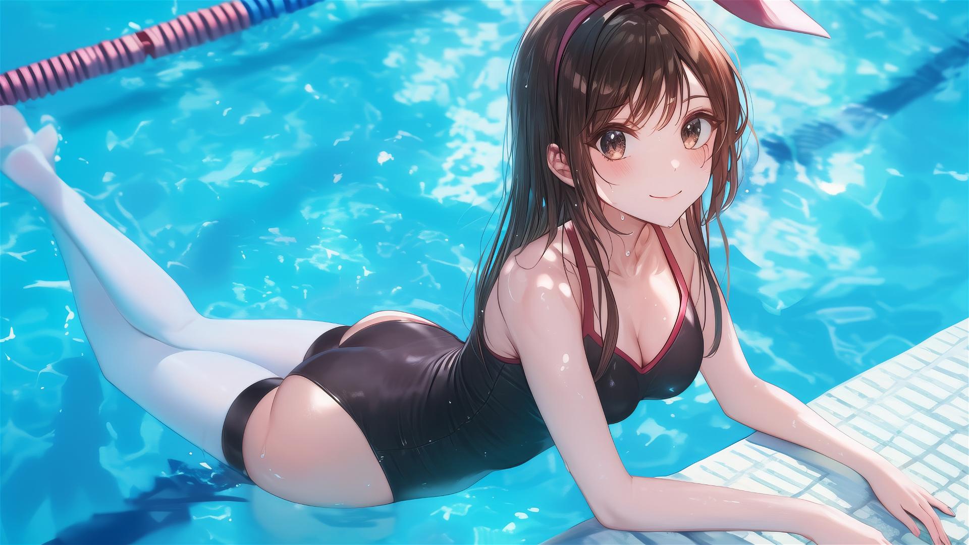 Mizuhara Chizuru by the pool under moonlight with soft glow on her figure, brown hair, light brown eyes