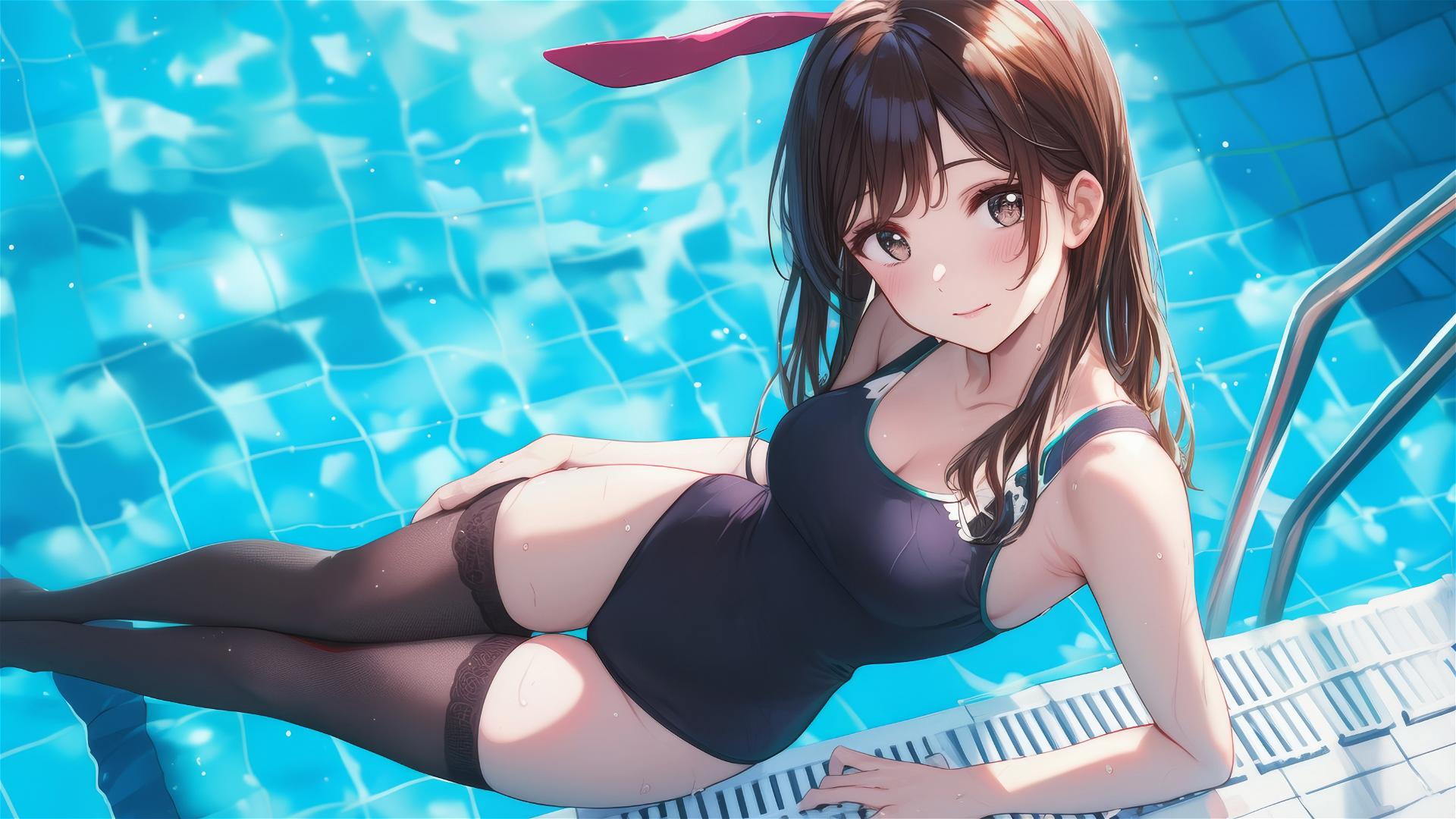 Mizuhara Chizuru resting by pool under moonlight