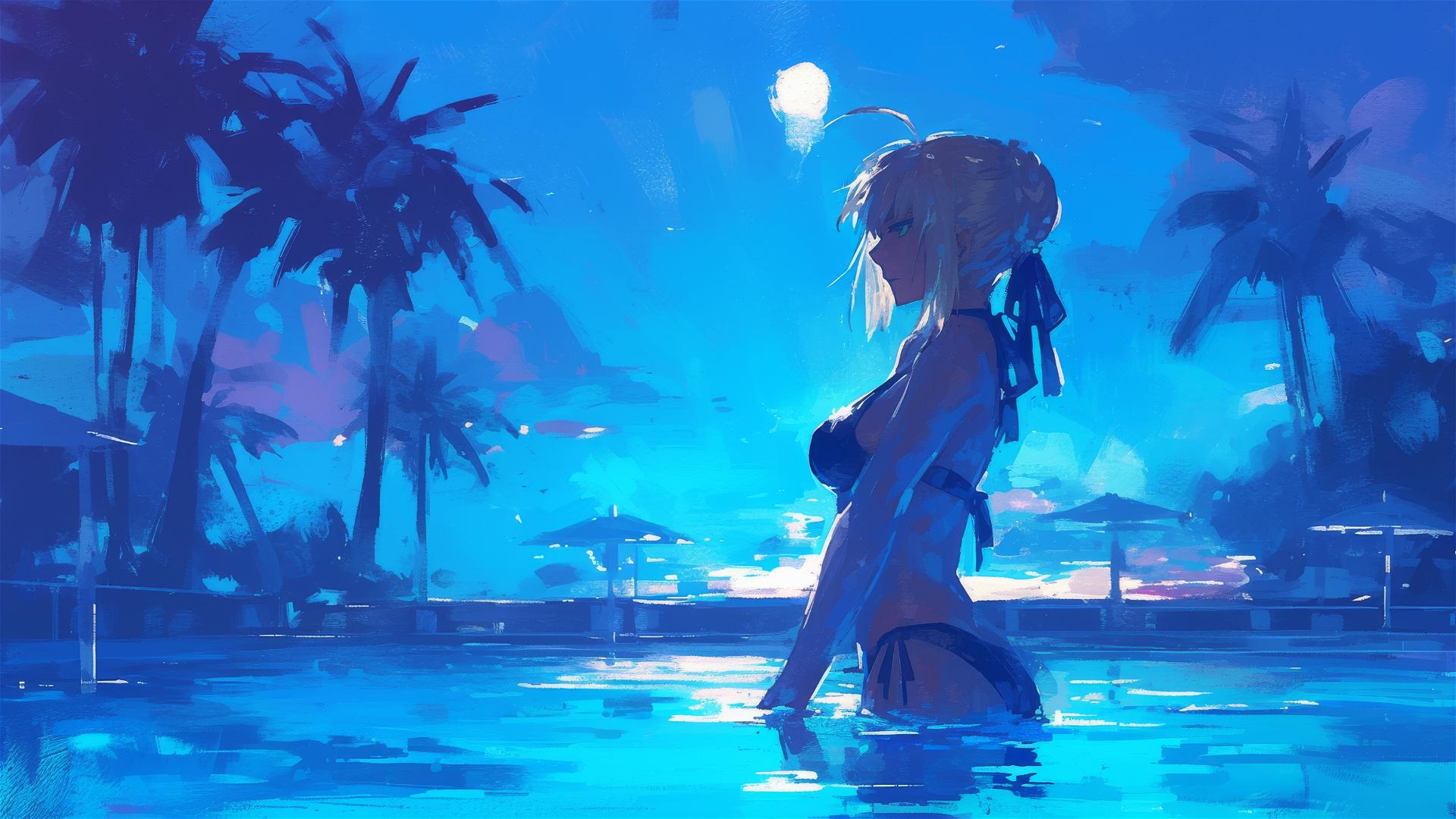 Saber from Fate/Zero standing in a pool under moonlight