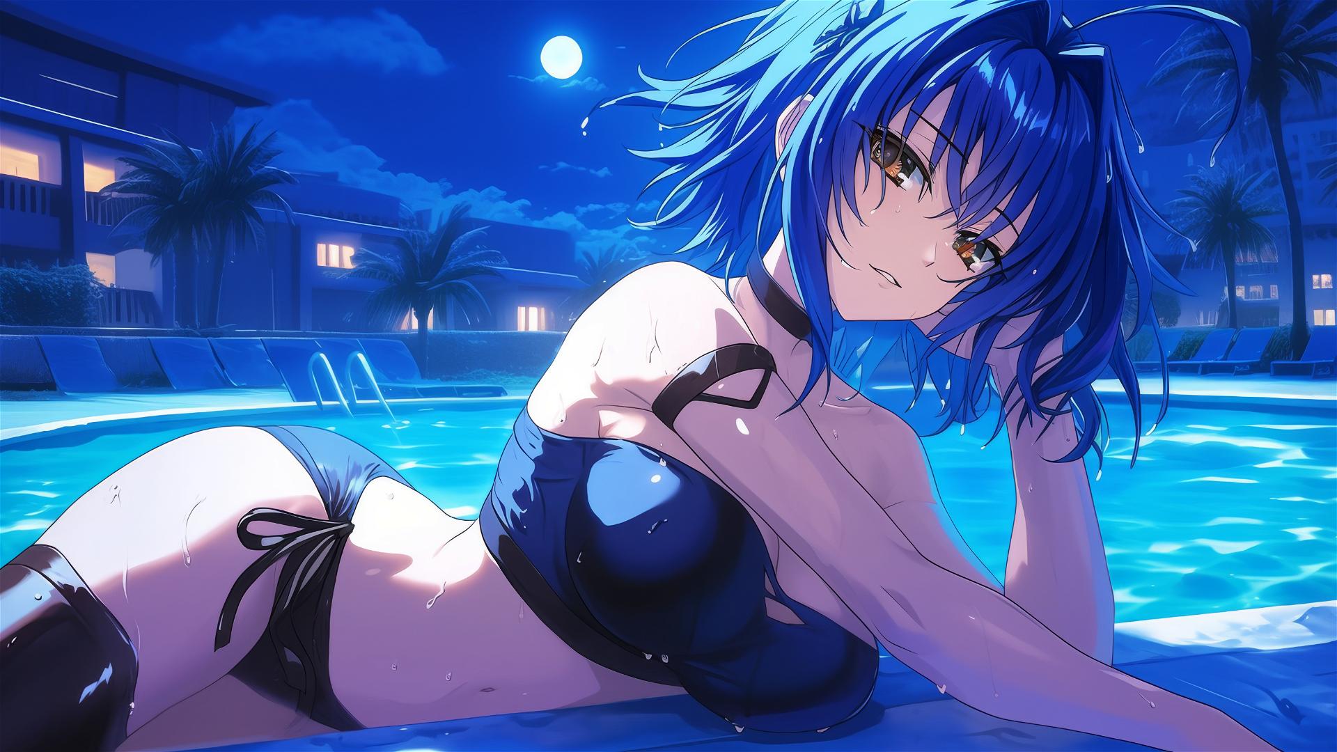 Xenovia from High School DxD swimming in moonlit pool