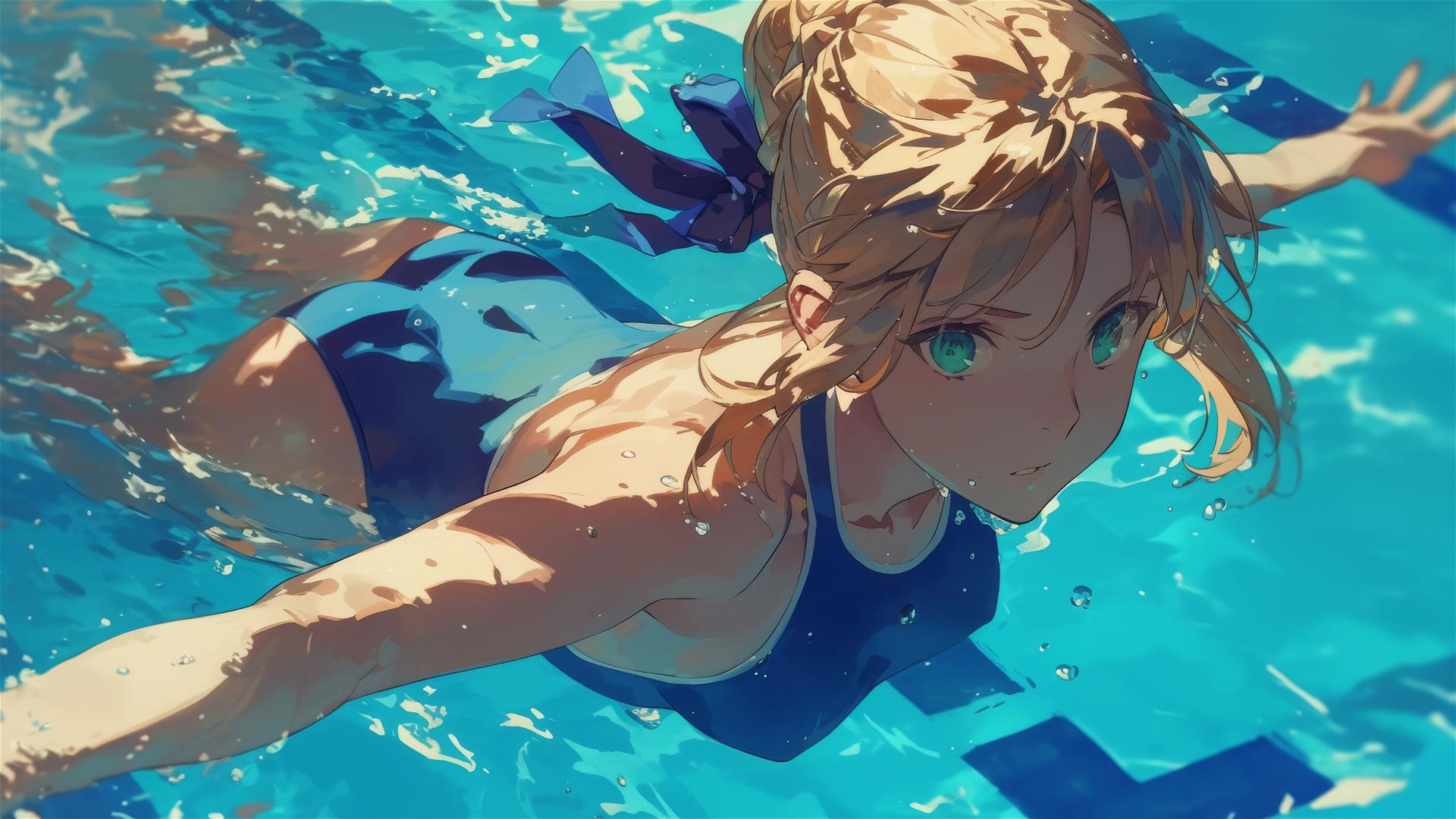Saber from Fate/Zero swimming in a pool, moonlight illuminating her