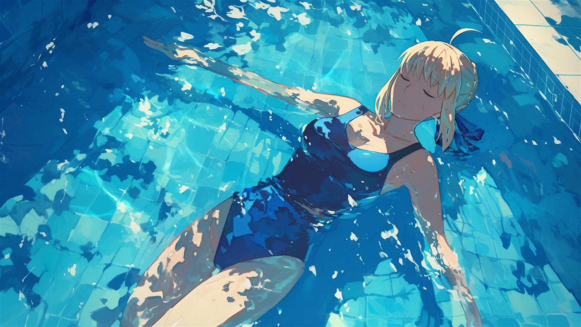 Saber from Fate/Zero leisurely swimming under moonlight