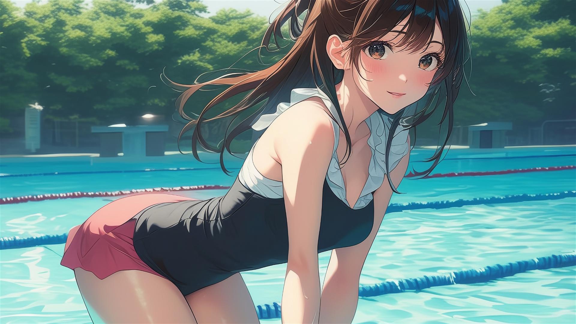 Mizuhara Chizuru from To Rent A Girlfriend swimming in moonlit pool
