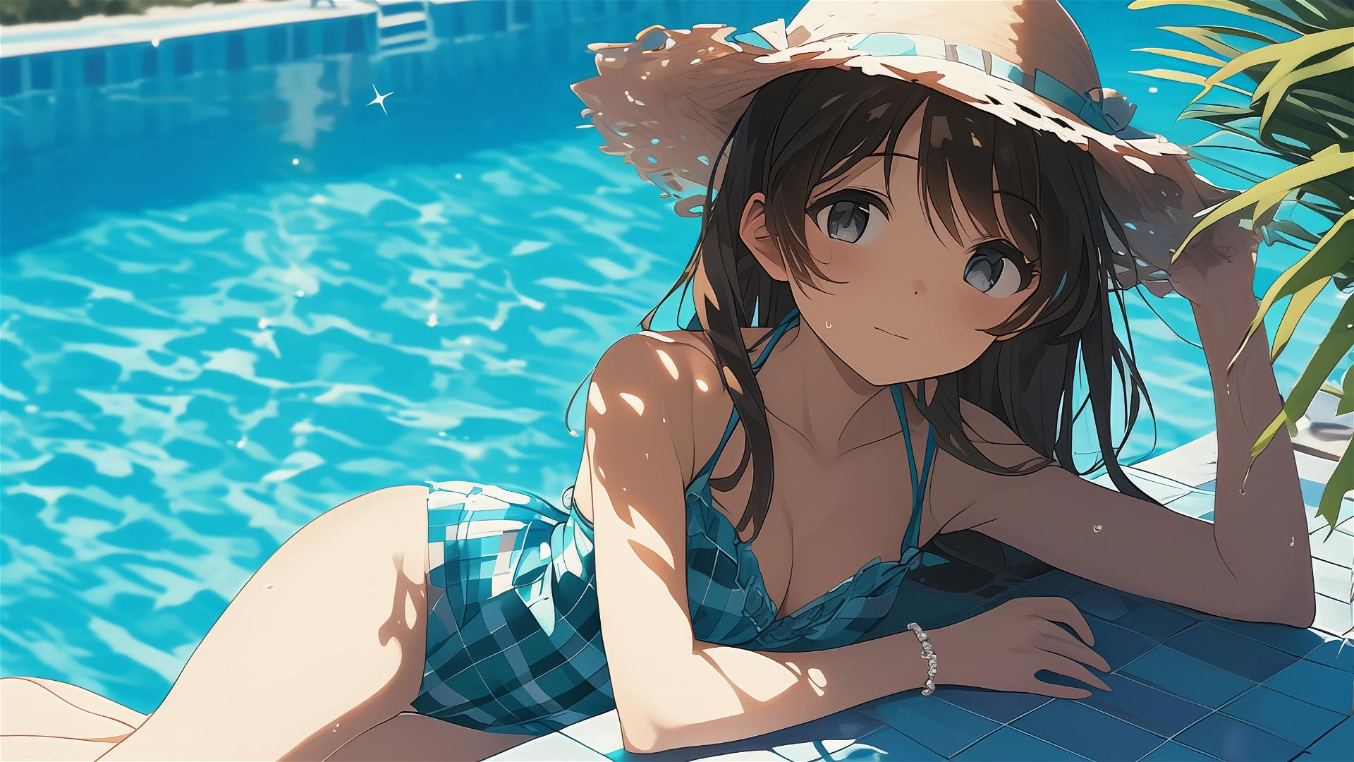 Mizuhara Chizuru resting by pool under moonlight