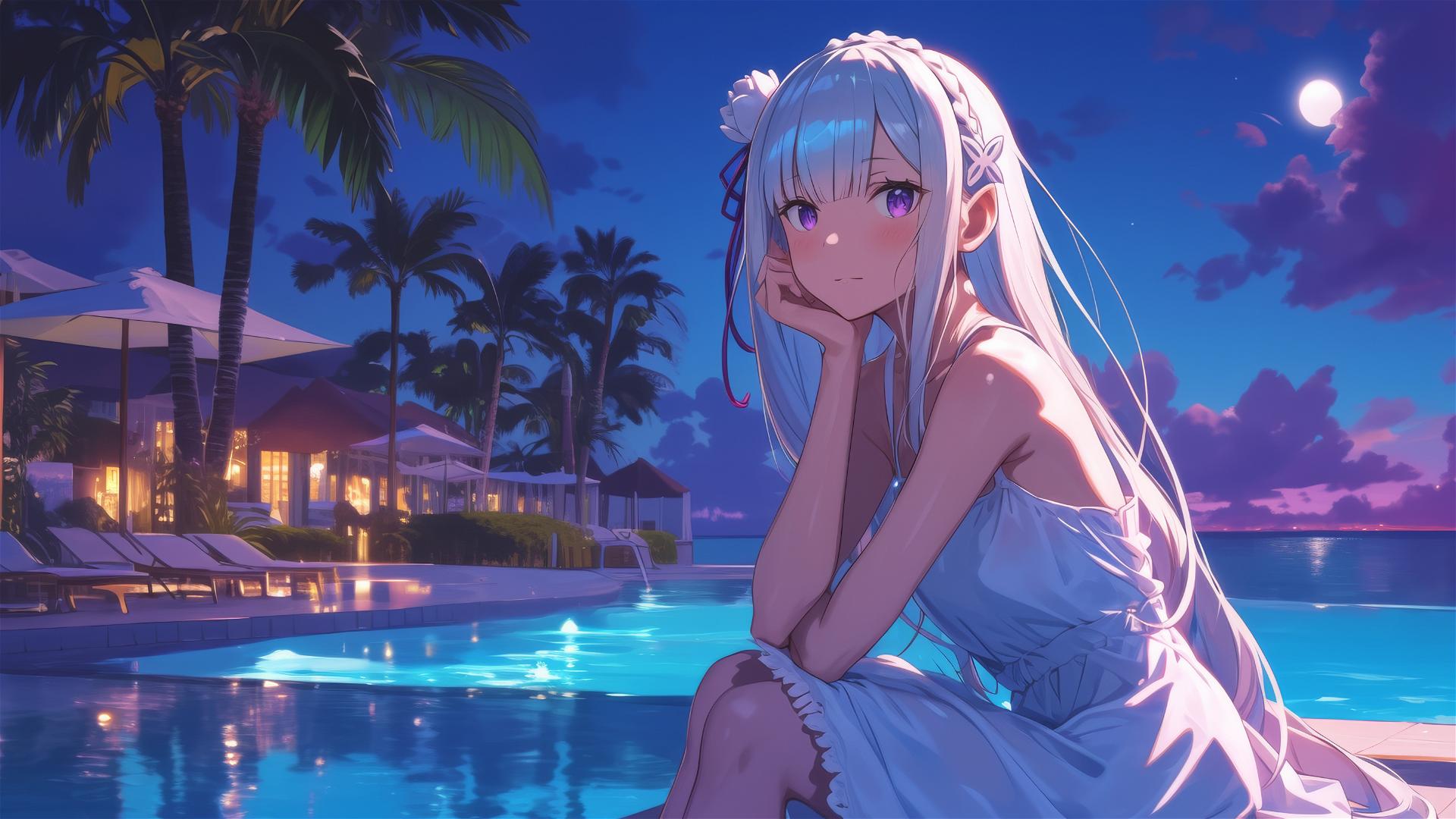 Emilia from Re:Zero resting by the pool under moonlight