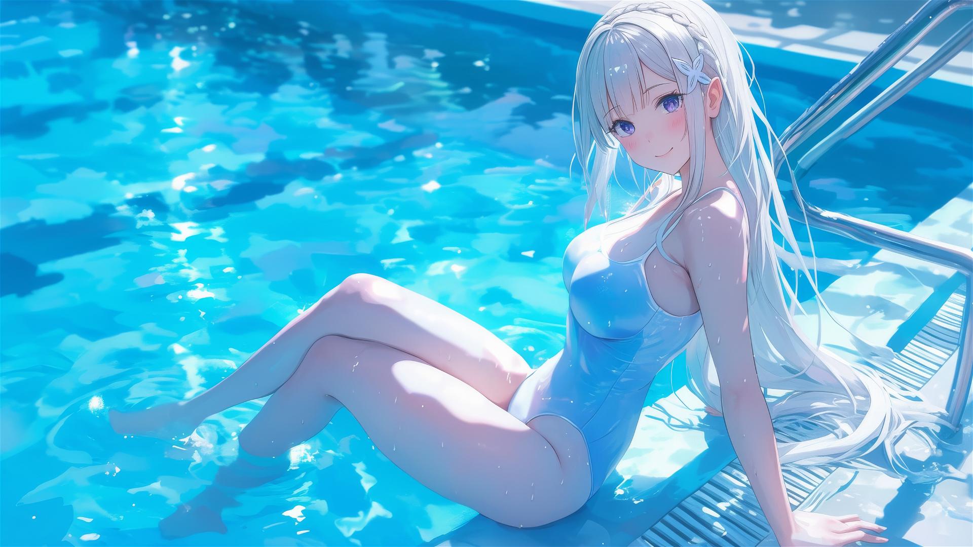 Emilia from Re:Zero resting by pool under moonlight