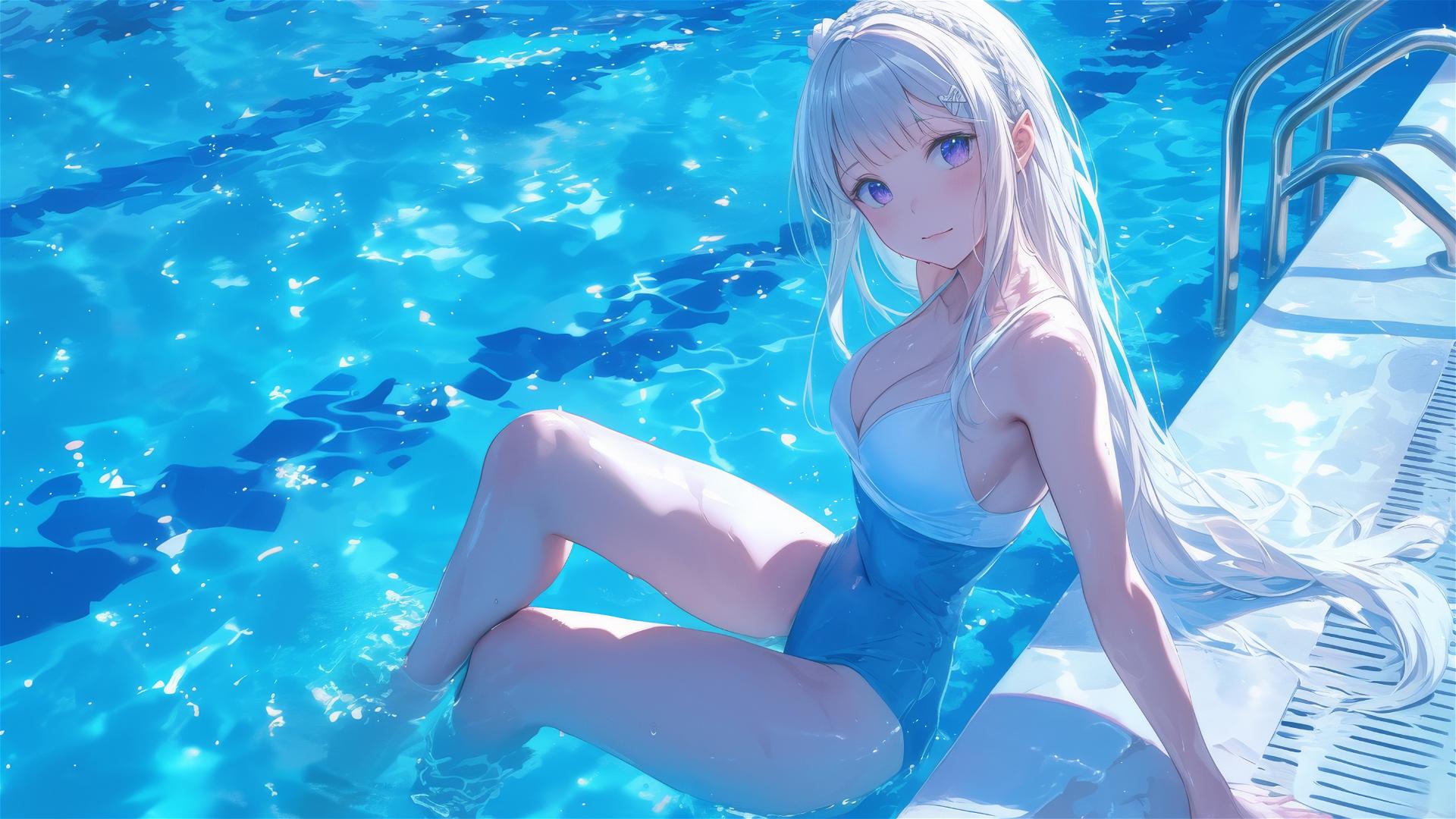 Emilia from Re:Zero resting by pool under moonlight