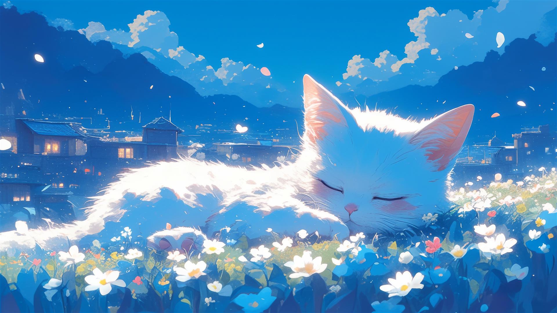 Colorful Japanese animation style panorama with a sleeping British Shorthair among flowers