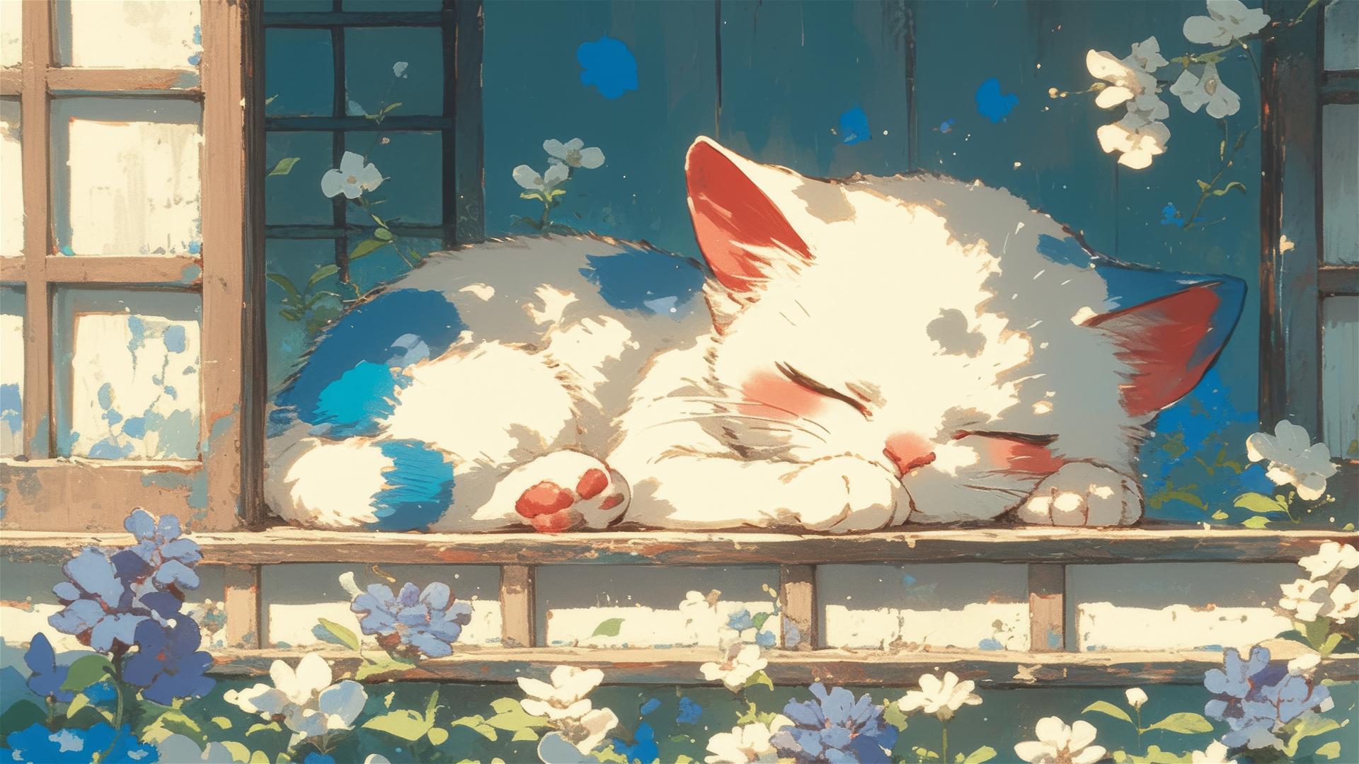 Colorful panorama of flowers with a cute British Shorthair cat asleep