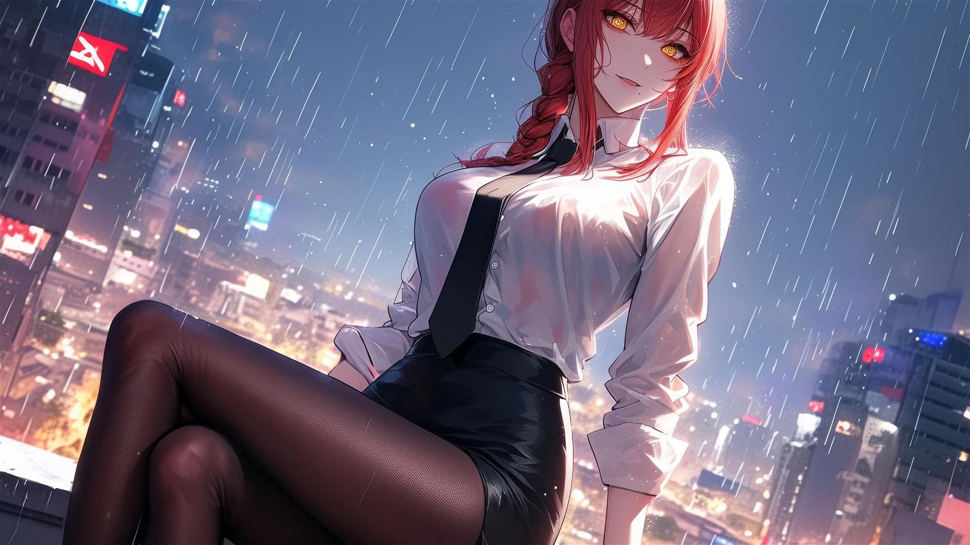Makima from Chainsaw Man standing on a rooftop, rain pouring, moonlight on red hair and heels, bunny girl style.