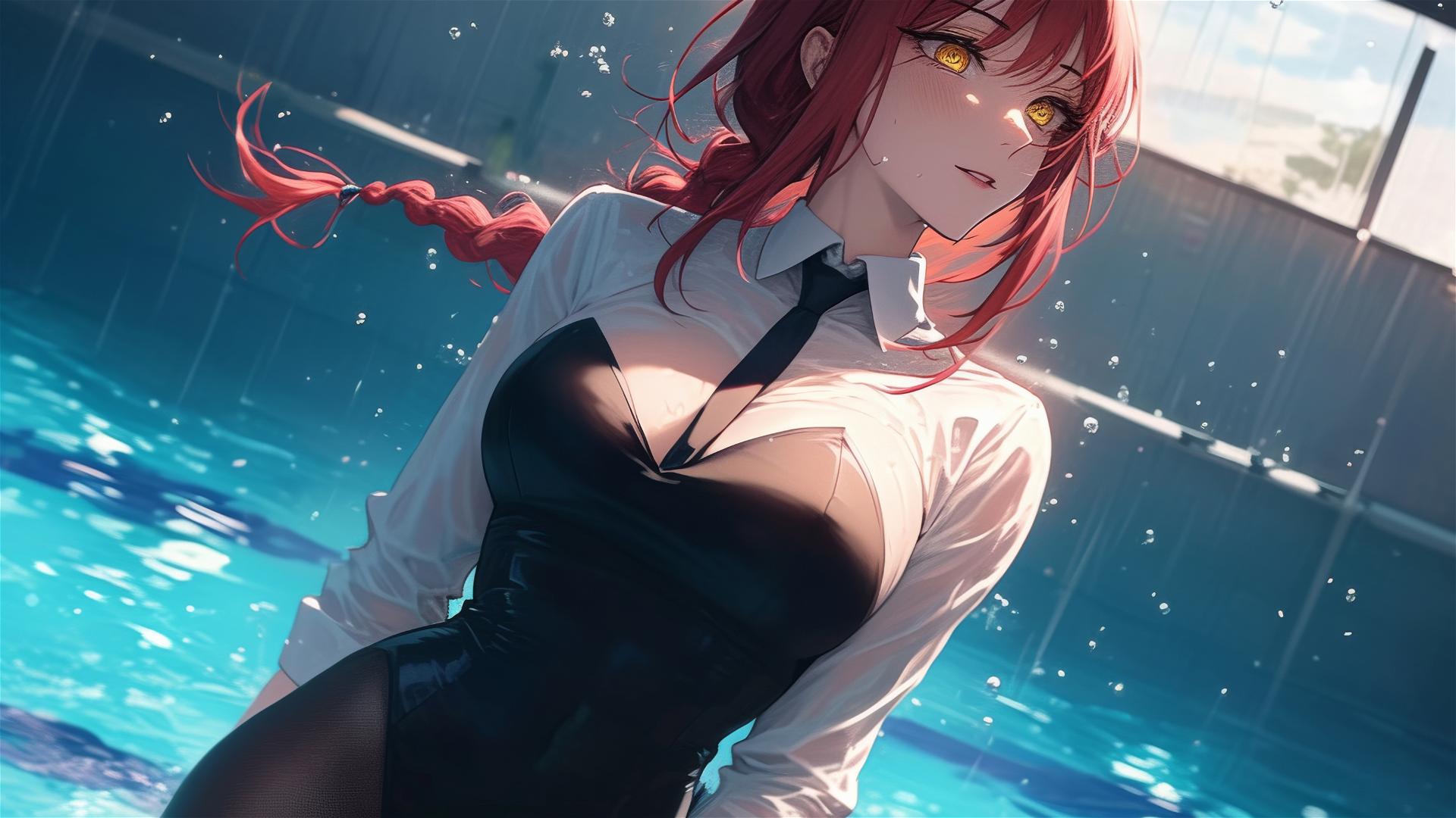 Makima from Chainsaw Man swimming in a pool under moonlight, red hair, rainy day, bunny girl style