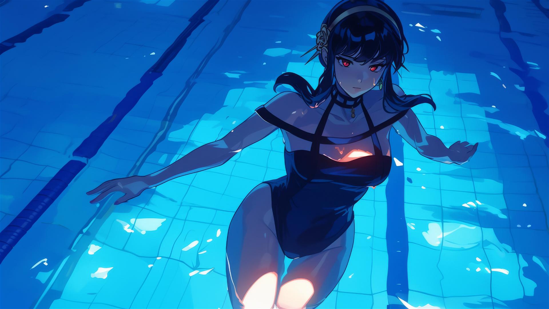 Yor Forger from Spy x Family in bunny outfit in moonlit pool on rainy day