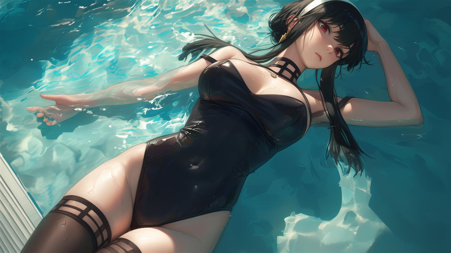 Yor Forger in bunny style swimsuit under moonlight in pool