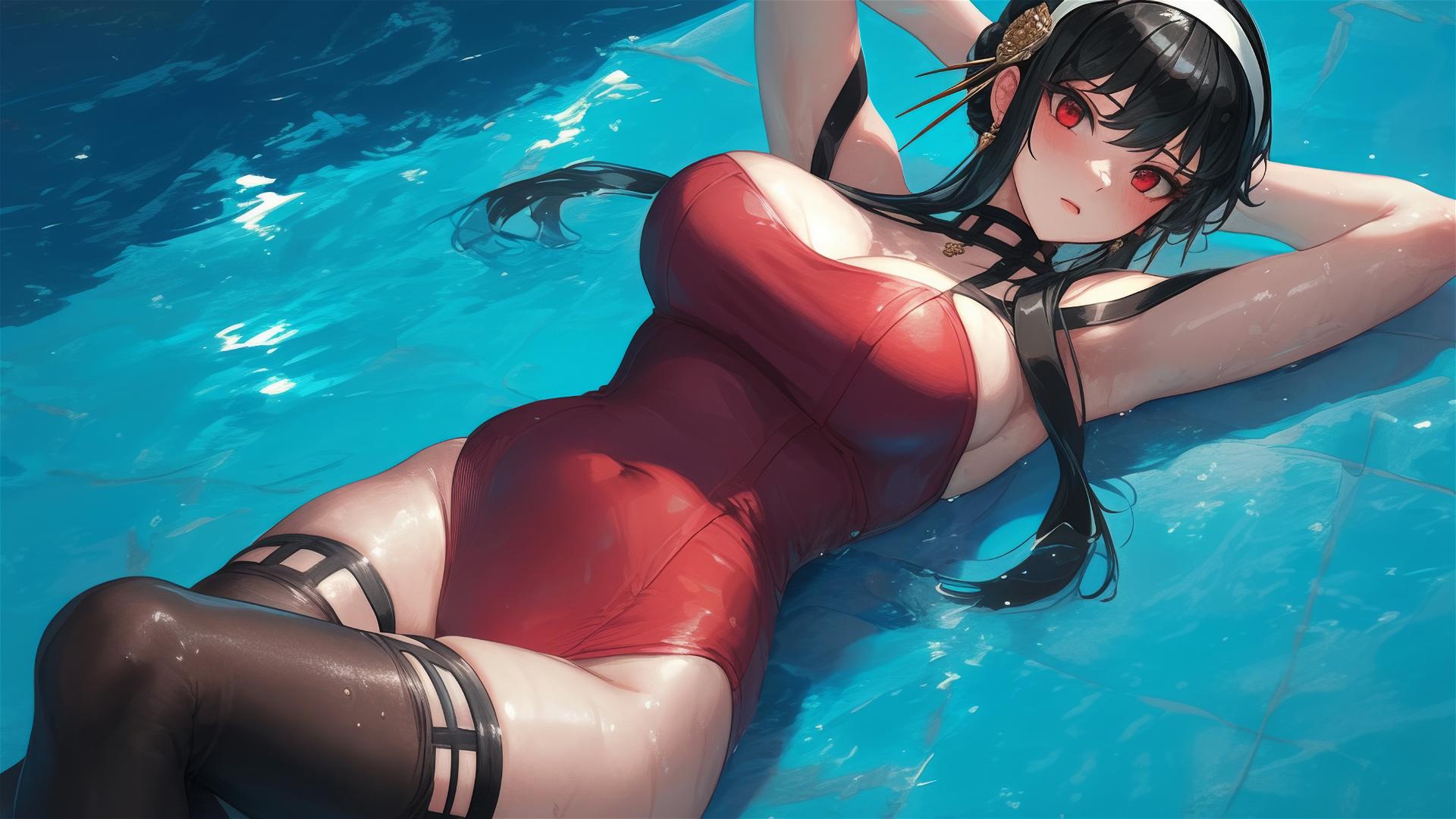 Yor Forger in bunny girl outfit swimming in moonlit pool