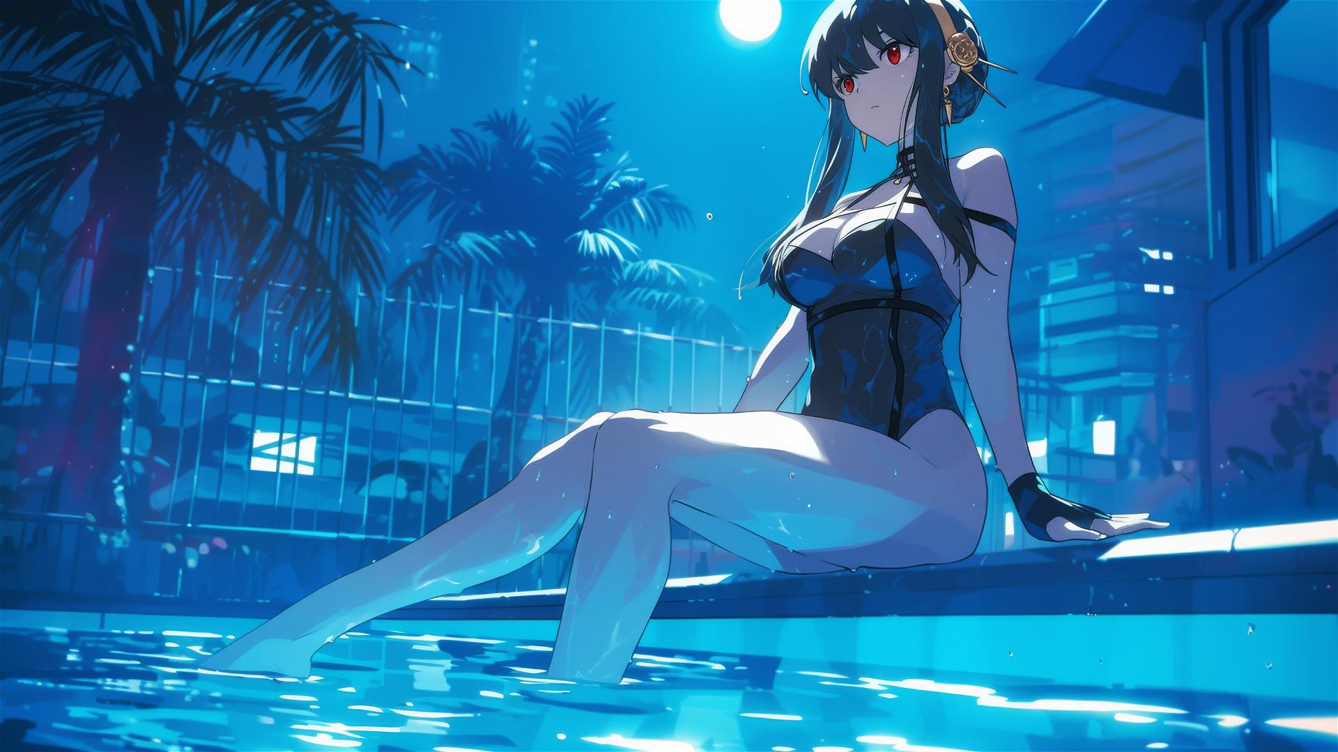 Yor Forger from Spy x Family in bunny girl outfit swimming in moonlit pool