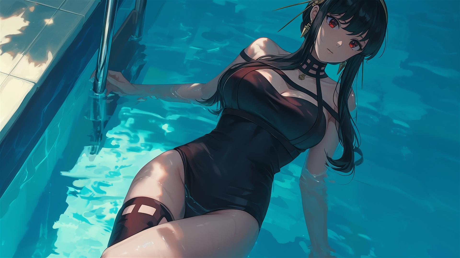 Yor Forger in bunny girl outfit swimming under moonlit pool