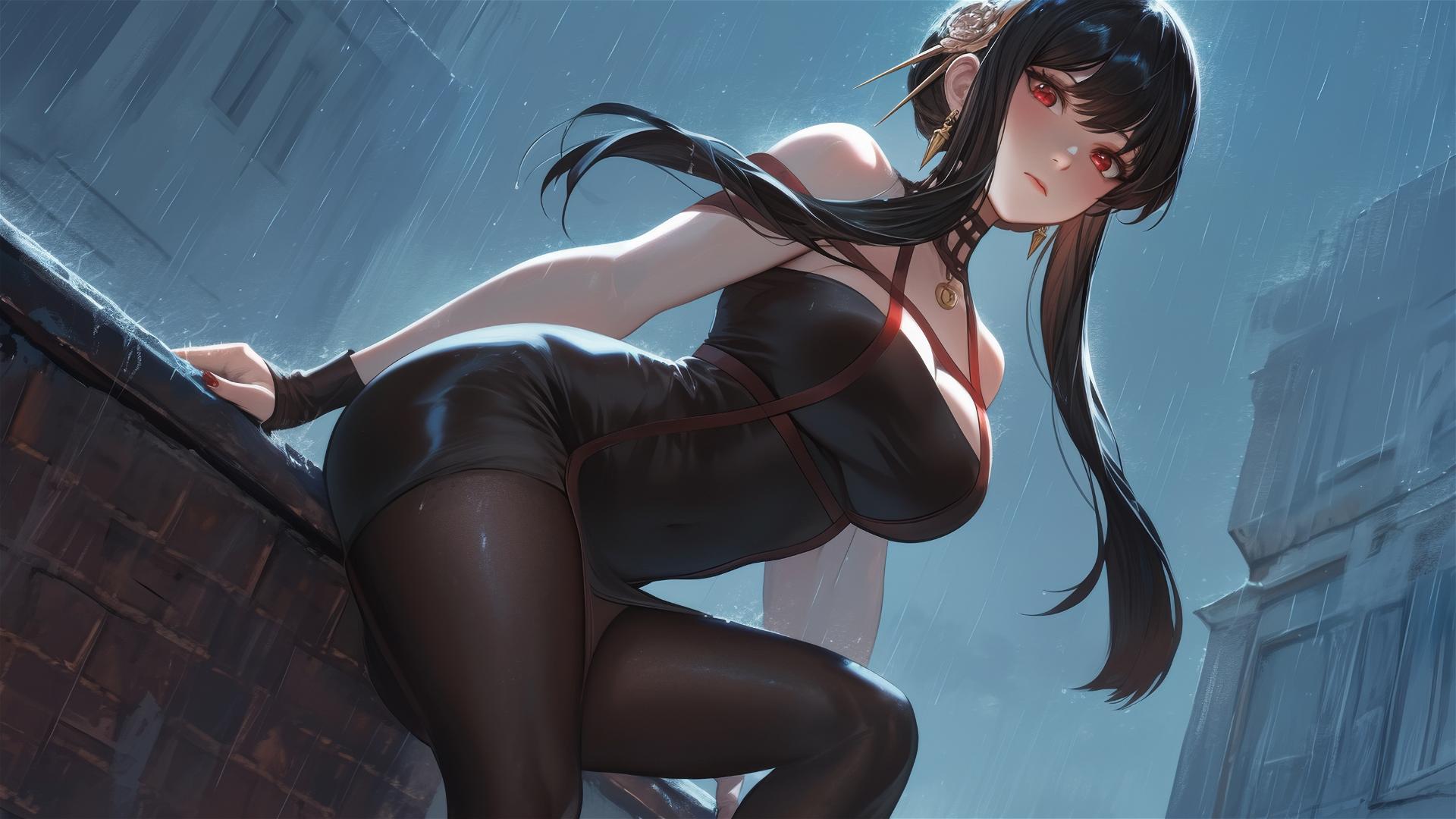 Yor Forger from Spy x Family on a rainy rooftop with moonlight