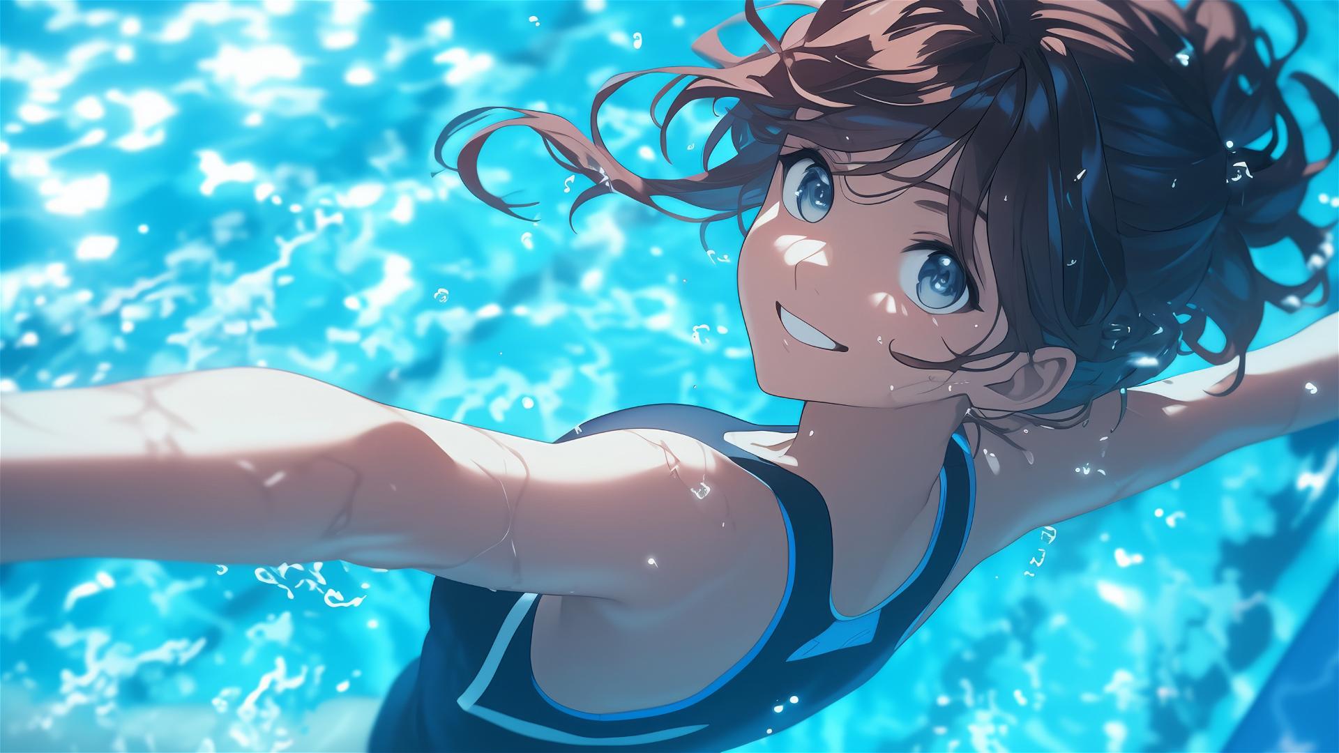 Sasha Blouse swimming in moonlit pool with soft glow on her figure, light brown eyes, reddish brown hair