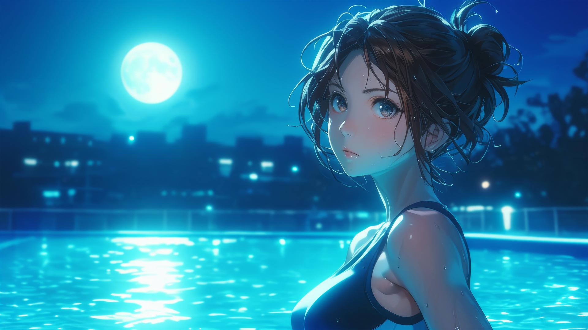 Sasha Blouse from Attack on Titan standing in a pool under moonlight