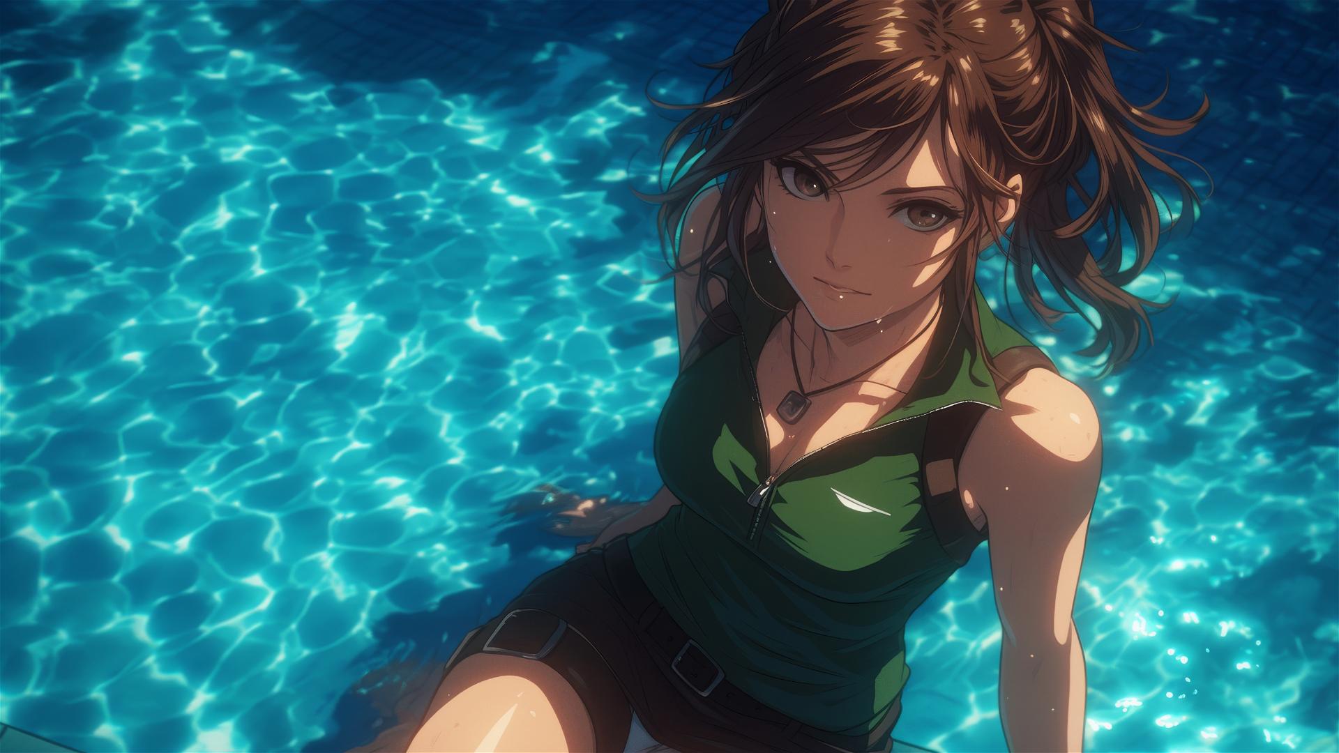 Sasha Blouse from Attack on Titan resting by the pool under moonlight