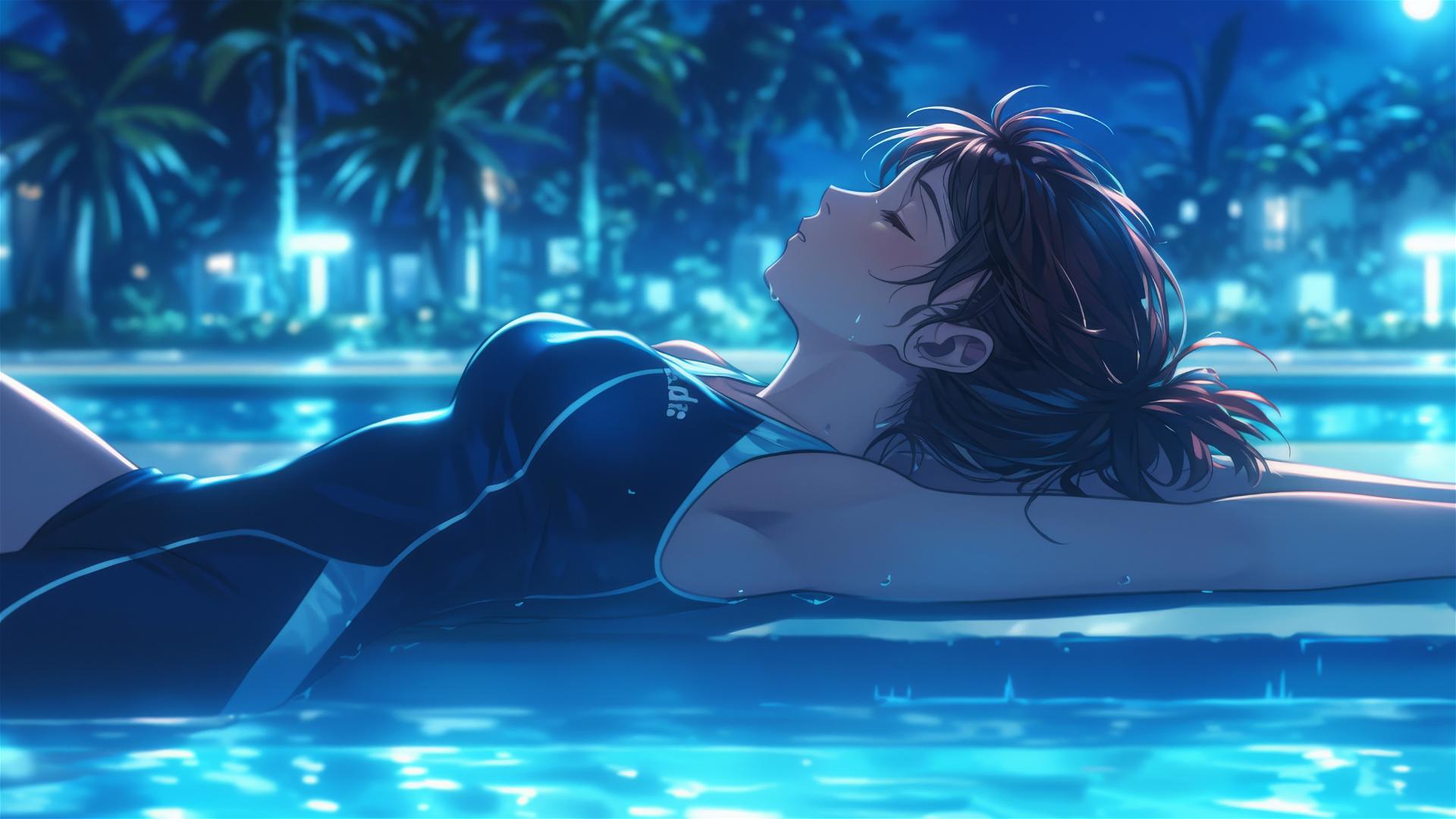 Sasha Blouse resting by pool in moonlight, light brown eyes, reddish hair