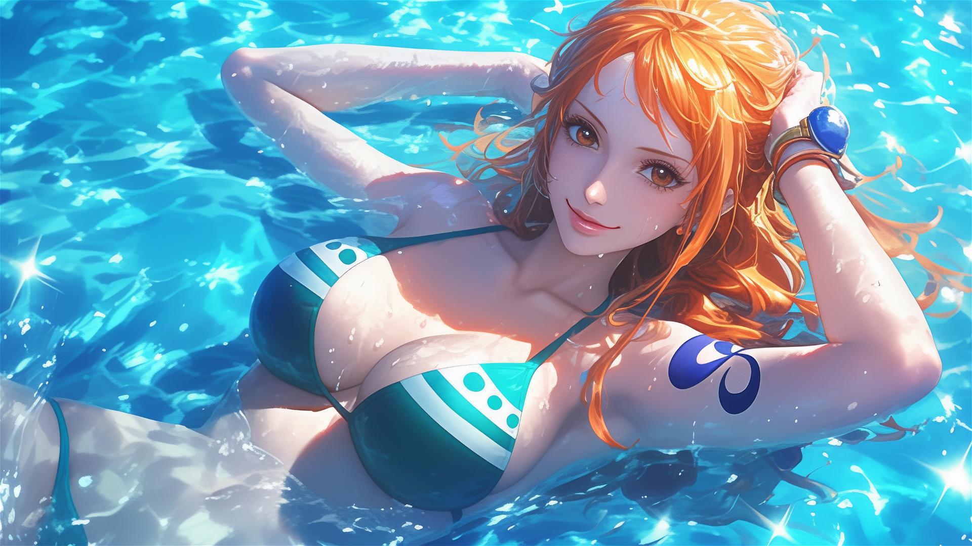 Nami from One Piece swimming in a pool under moonlight