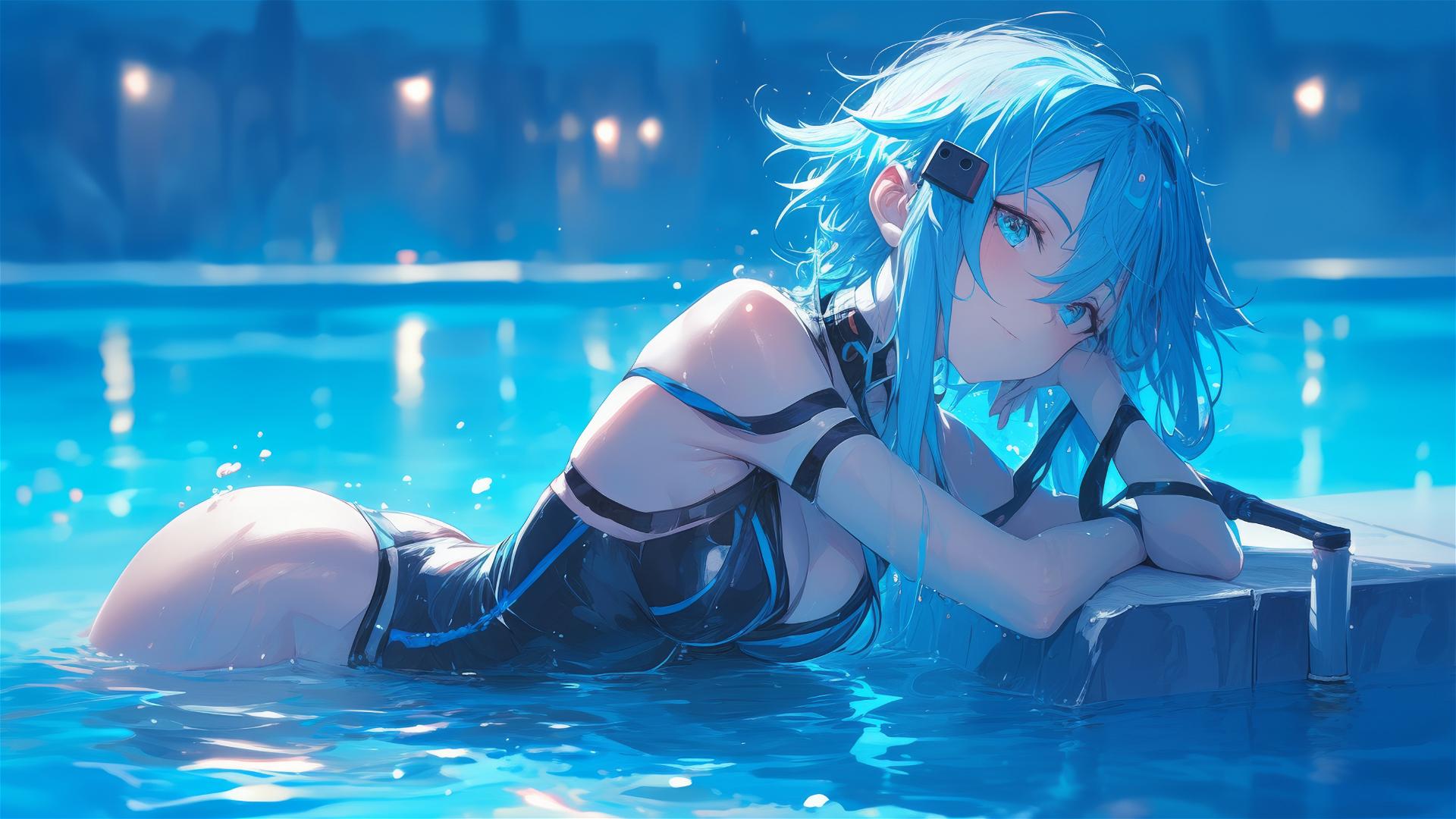 Sinon from SAO resting by poolside under moonlight