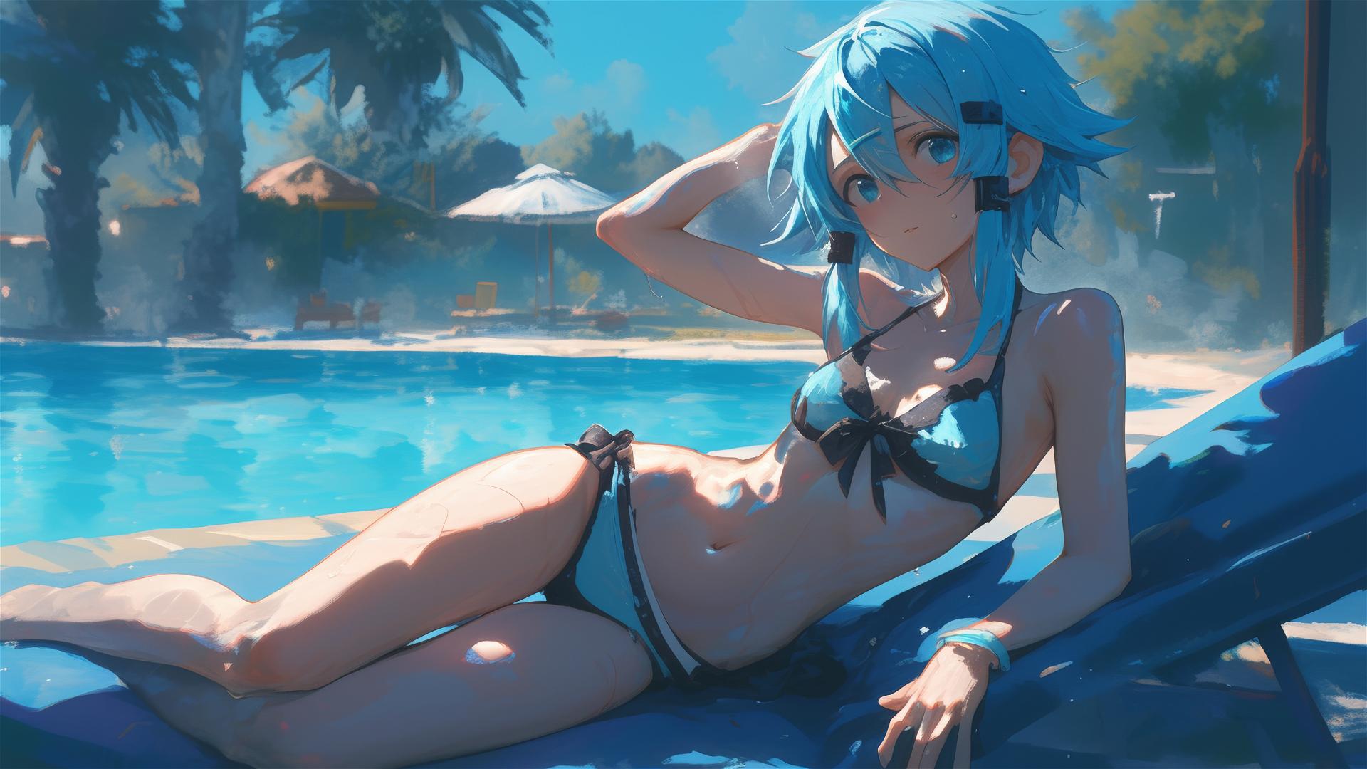 Sinon from SAO resting by pool with moonlight