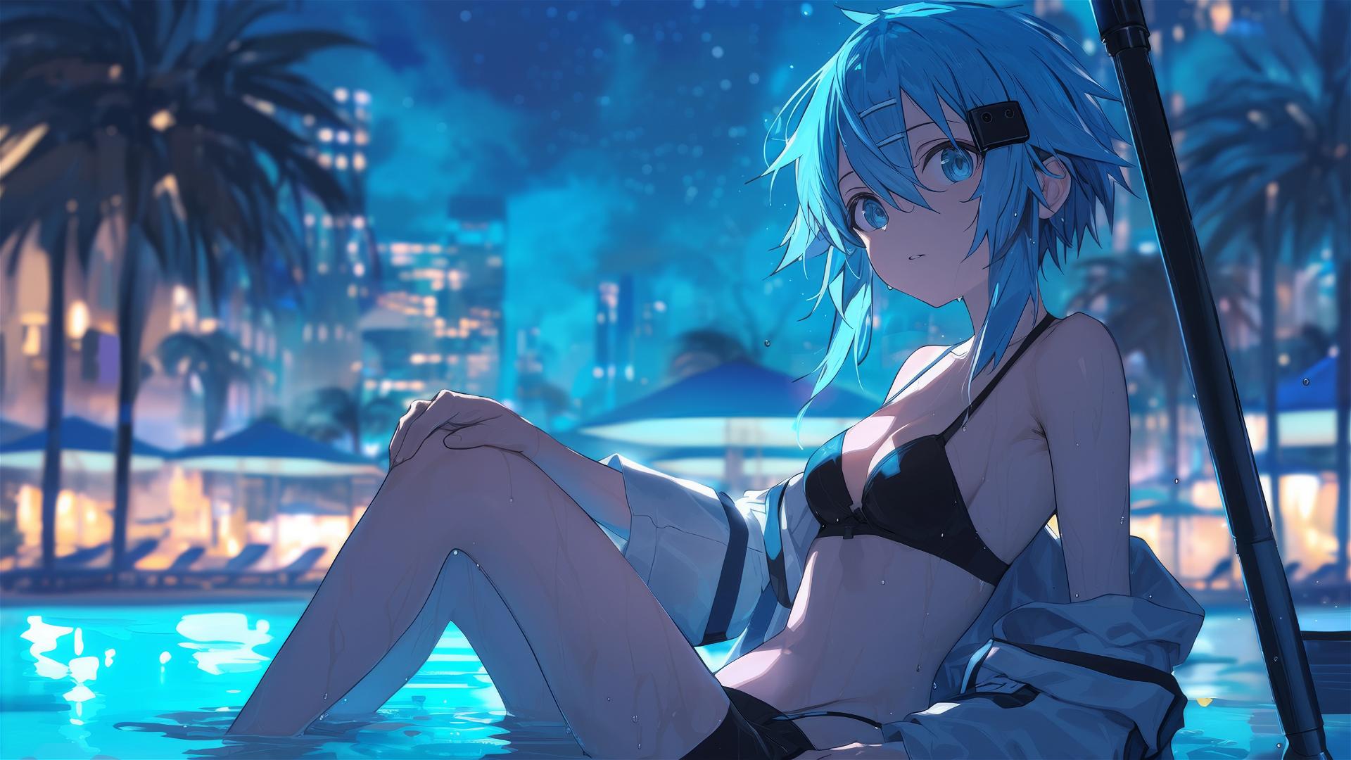 Sinon from Sword Art Online by poolside in moonlight