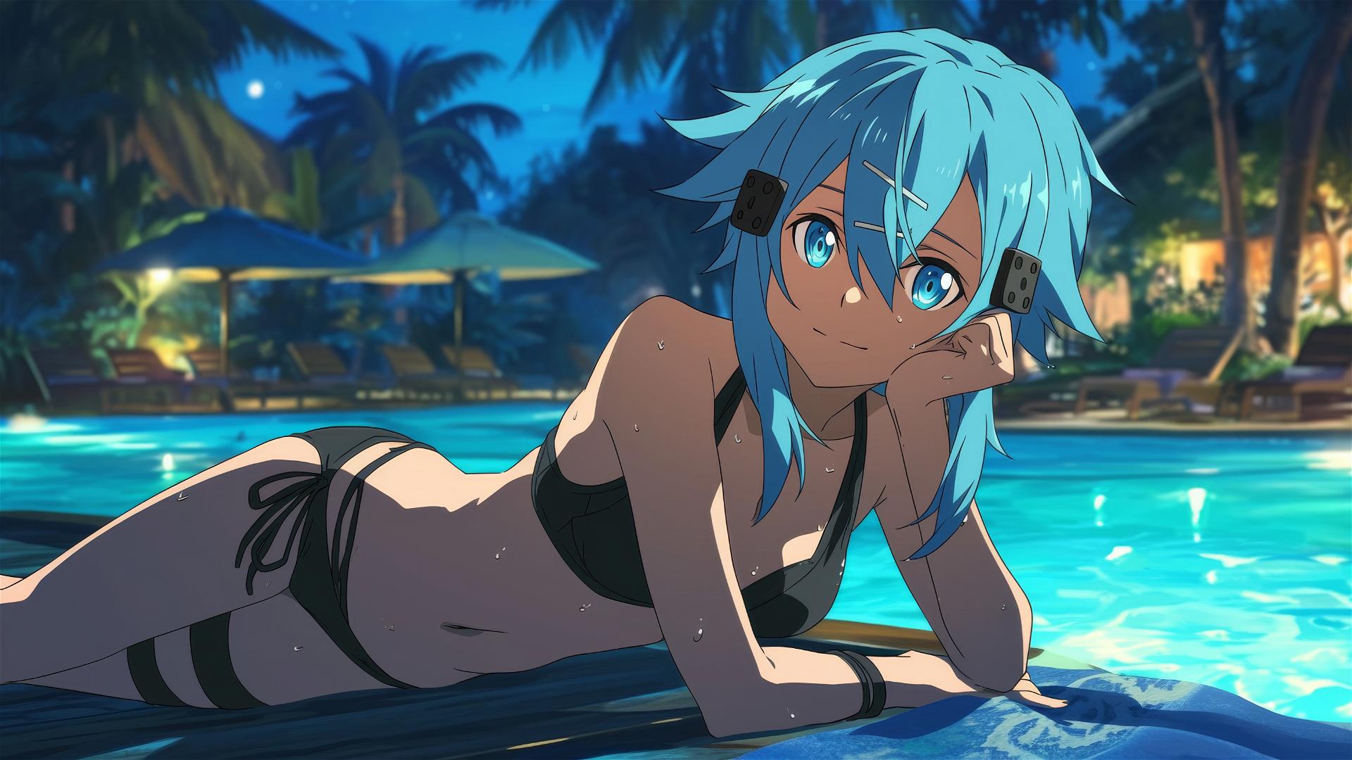 Sinon from SAO resting by pool with moonlight glow