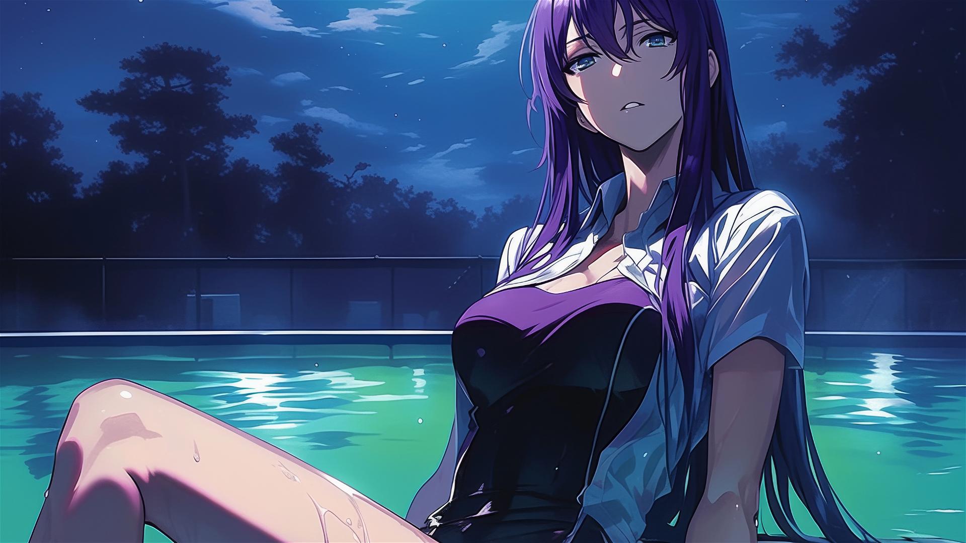 Saeko Busujima swimming under moonlight in a pool with shiny purple hair and blue eyes
