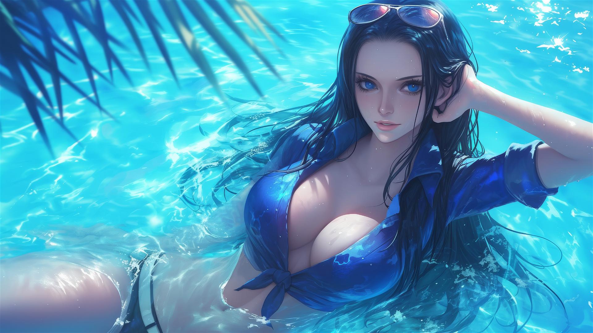 Nico Robin from One Piece swimming in the moonlit pool