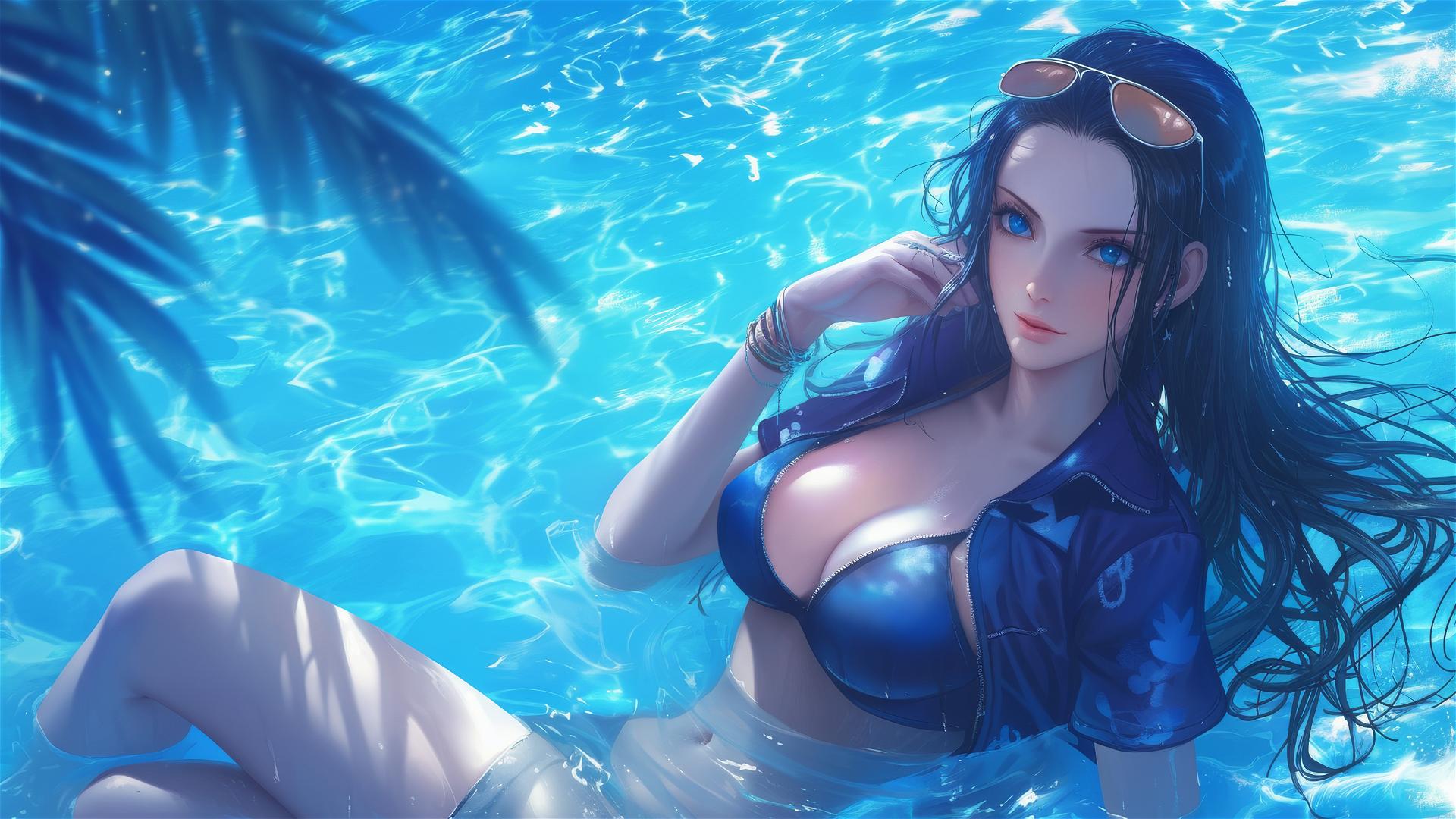 Nico Robin from One Piece swimming in moonlit pool