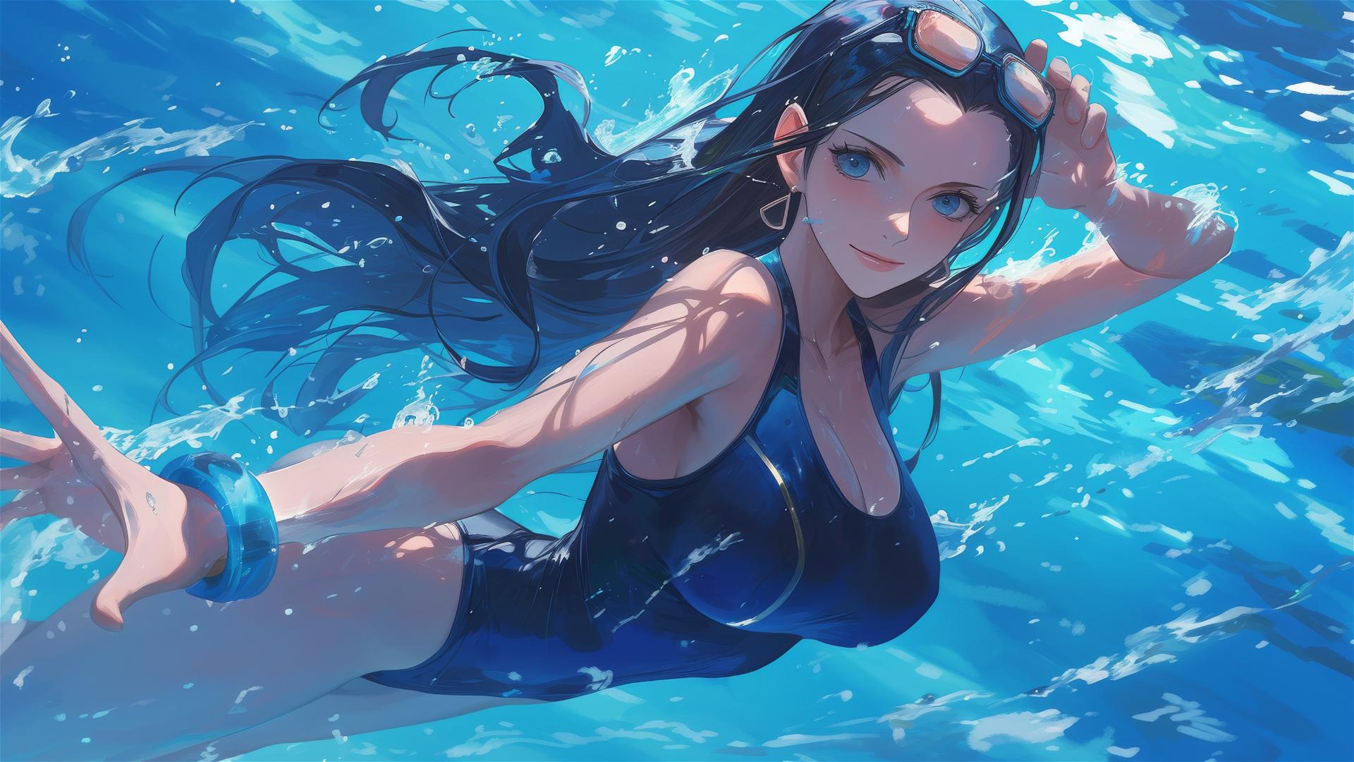 Nico Robin from One Piece swimming in a pool with moonlight glow