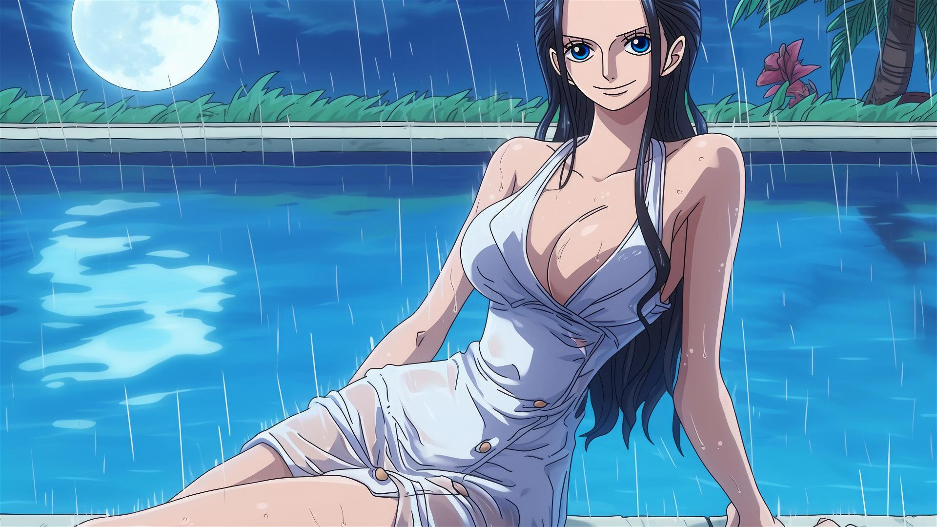 Nico Robin from One Piece resting by pool with moonlight, bunny pose, white dress, on rainy day