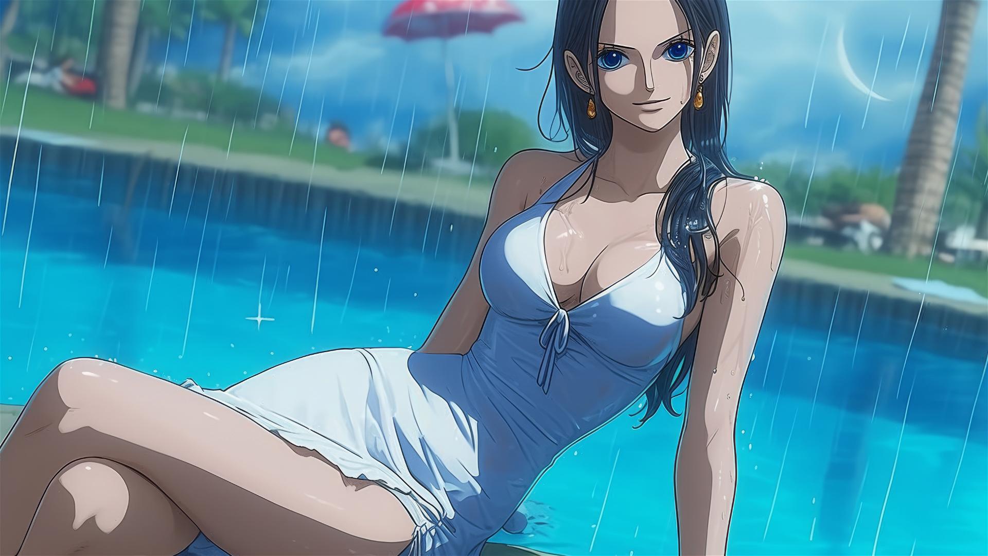 Nico Robin from One Piece resting by a pool in the moonlight, rainy day, bunny girl pose, blue eyes, white dress