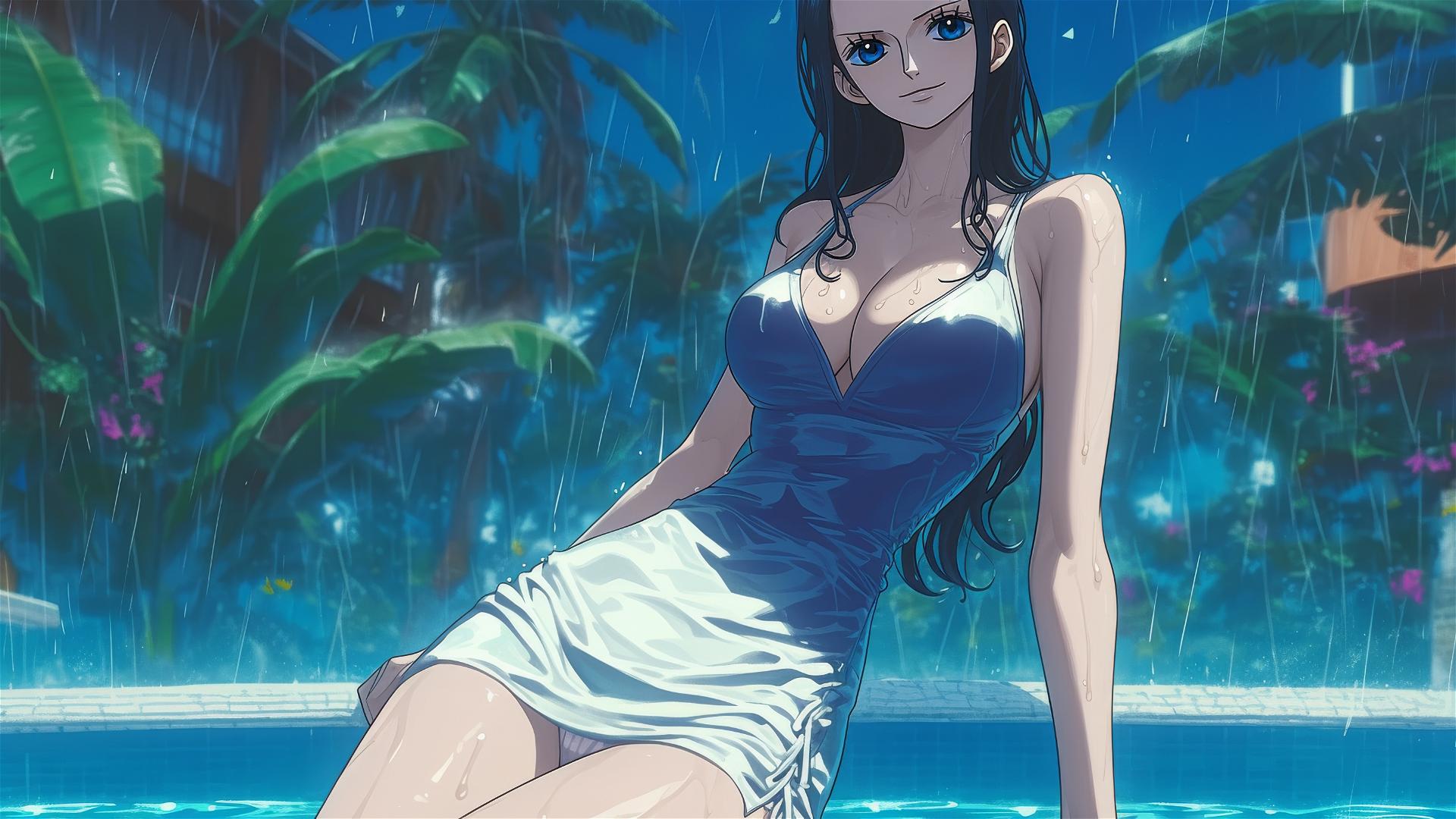 Nico Robin from One Piece resting by the pool in the rain at night