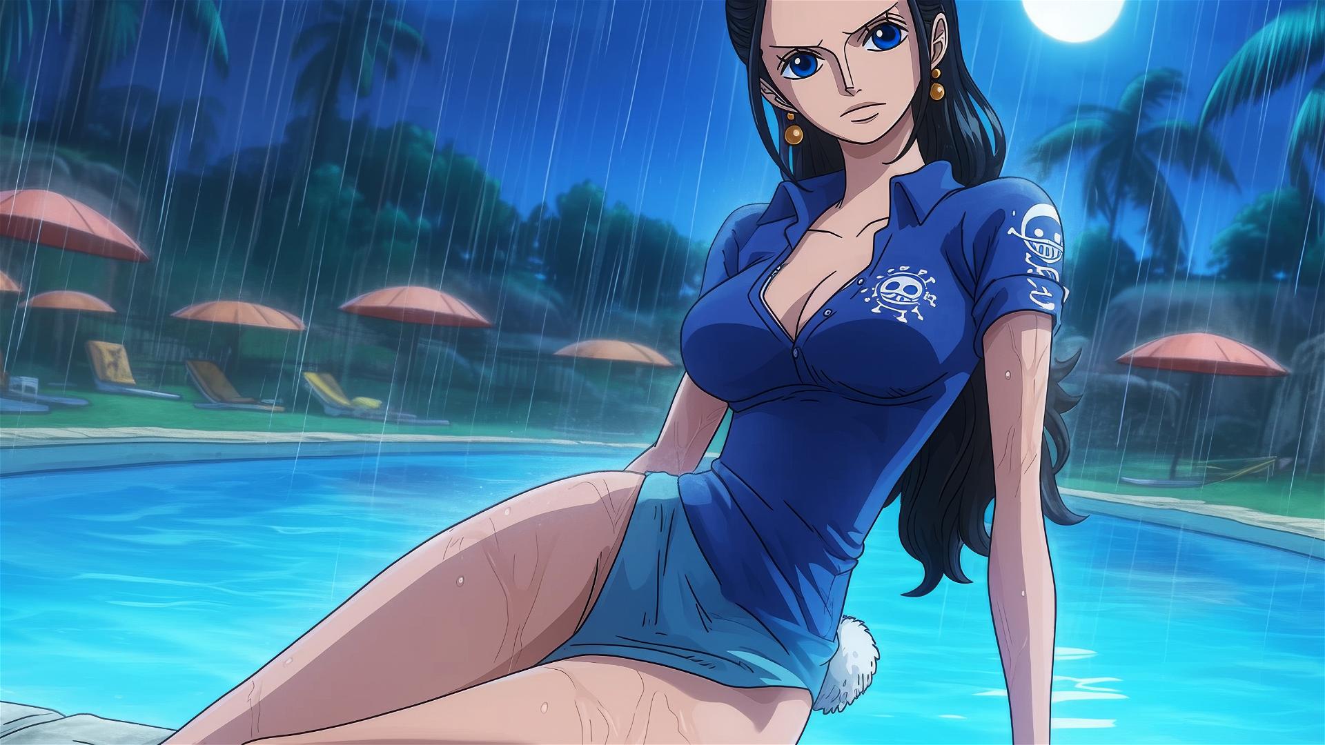 Nico Robin from One Piece by the pool in moonlight with blue eyes in bunny girl style on a rainy day