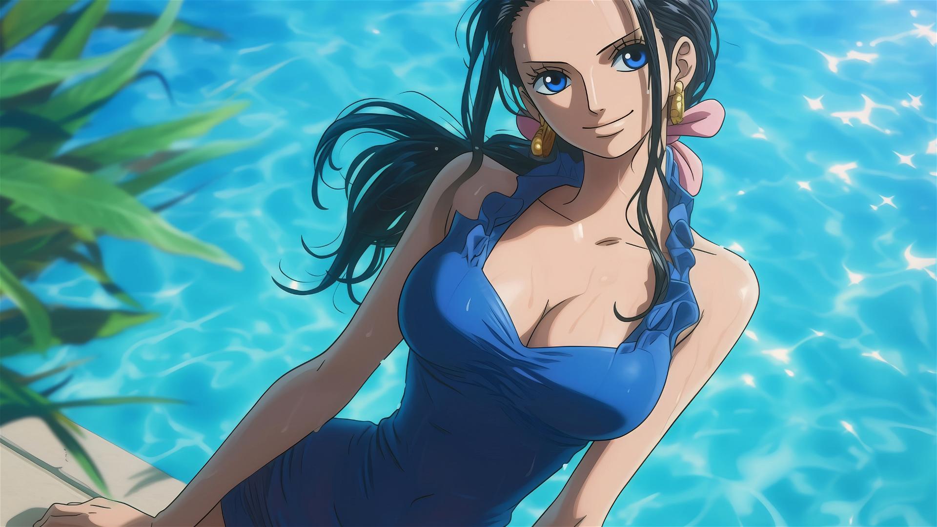 Nico Robin from One Piece standing by a pool in moonlight, with blue eyes, in bunny girl style