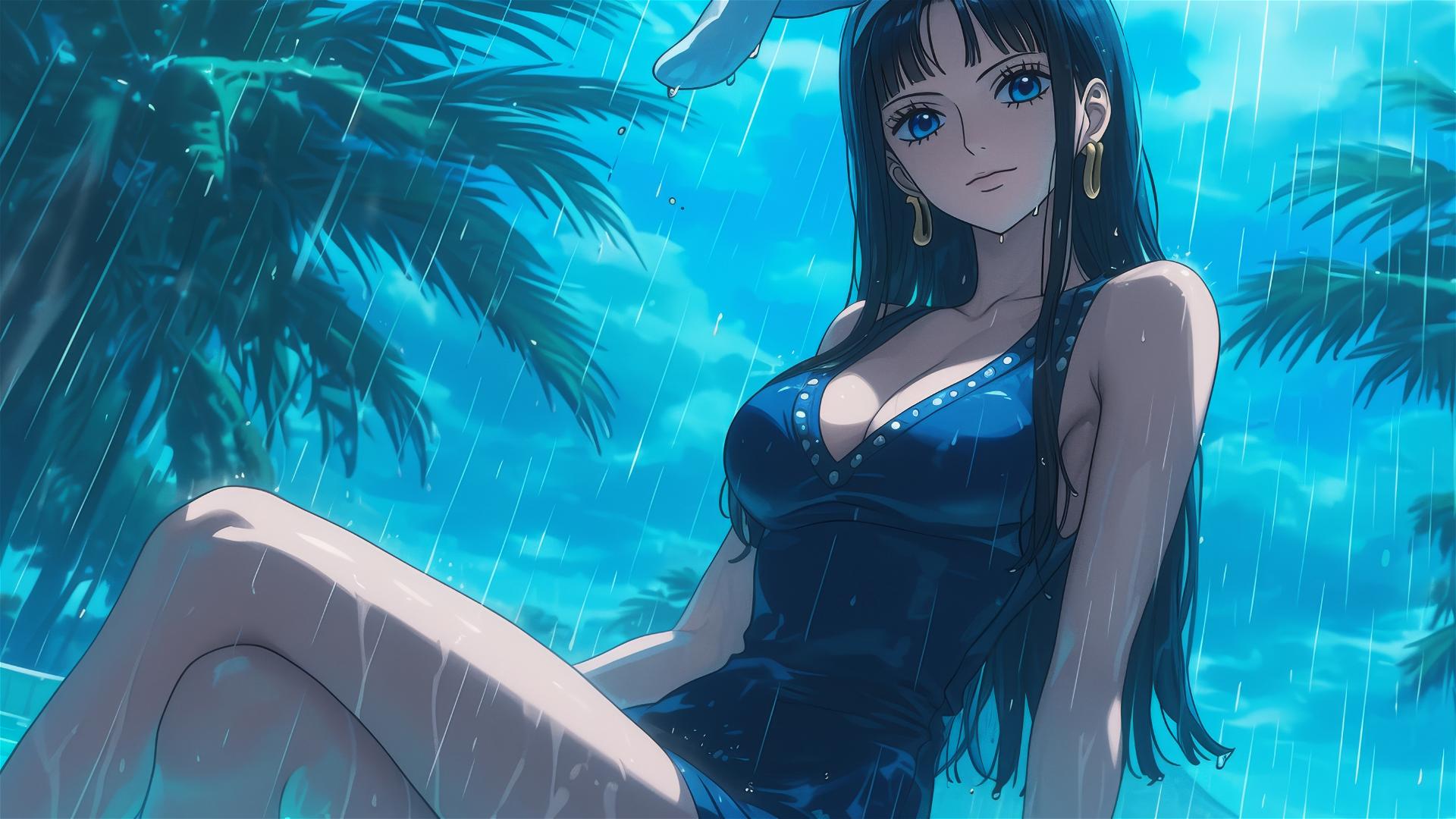 Nico Robin, One Piece character, by pool in moonlight with bunny girl style on rainy day