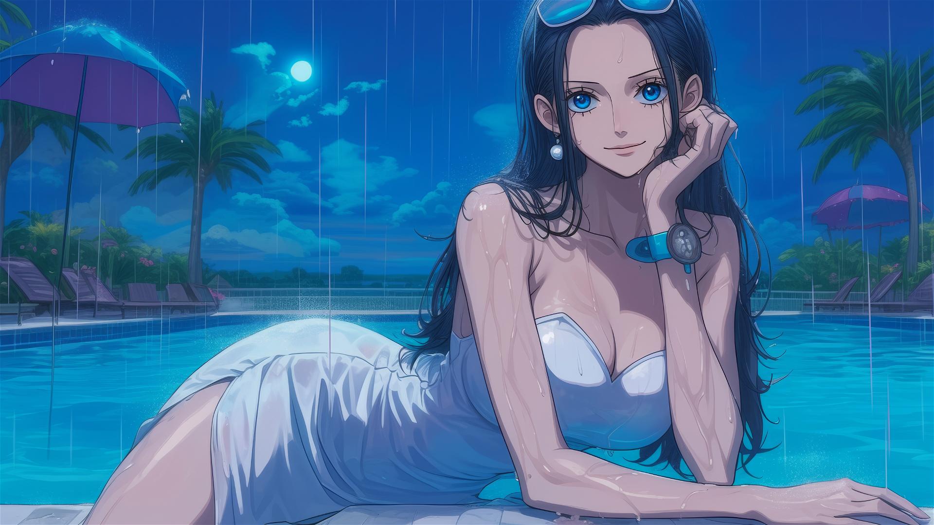 Nico Robin in a bunny-girl pose by a rainy pool under moonlight, white dress, blue eyes
