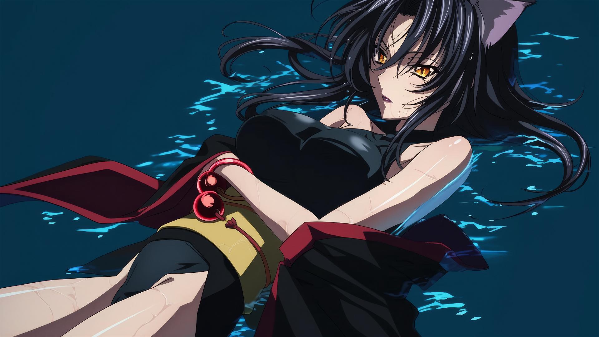 Kuroka from High School DxD swimming in moonlit pool, hazel gold eyes, black hair with bangs