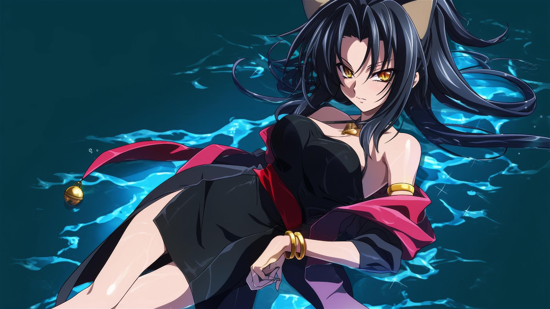 Kuroka from High School DxD swimming in moonlit pool, long black hair, hazel gold eyes