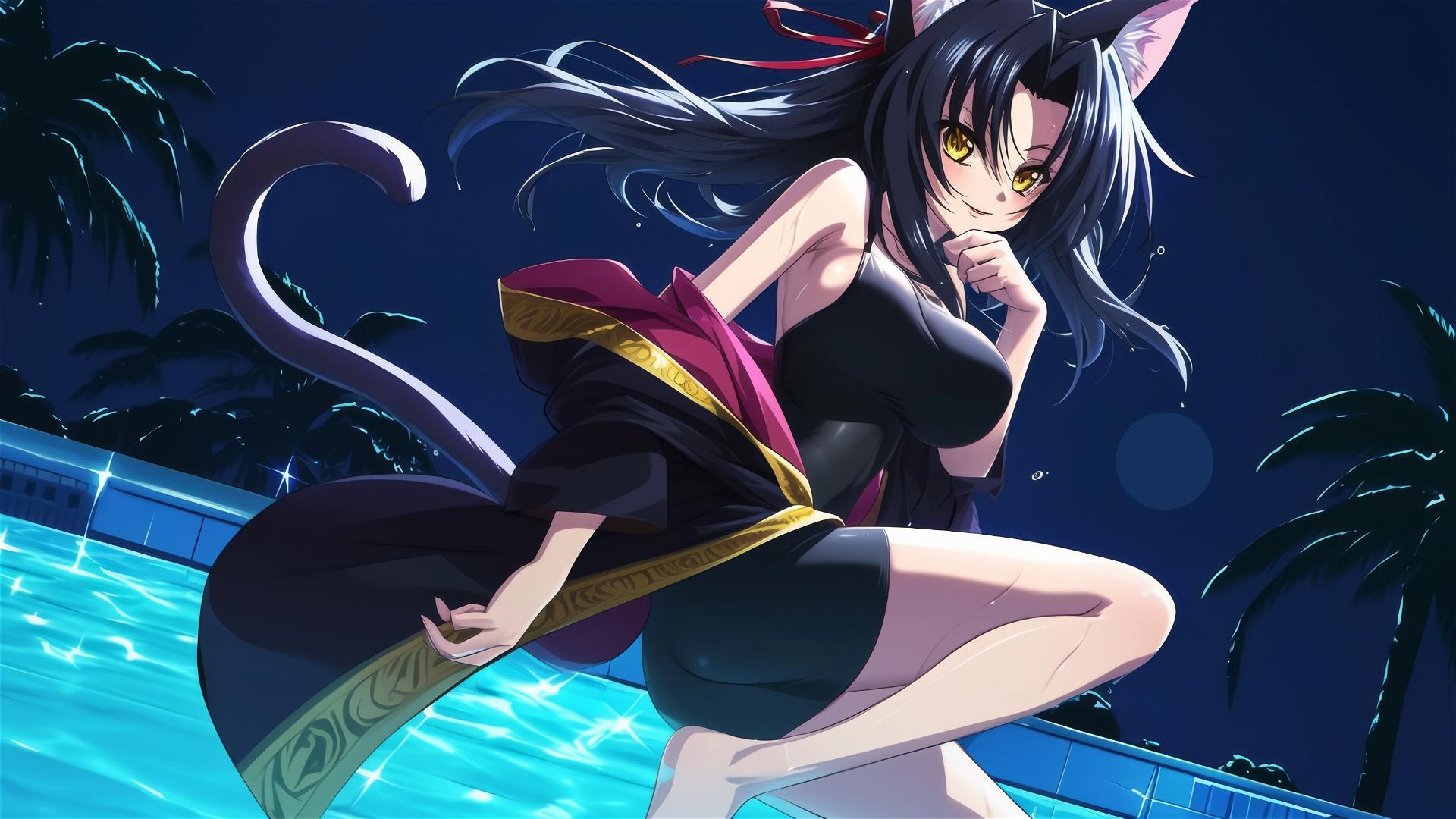 Kuroka from High School DxD swimming under moonlight, black hair, hazel gold eyes