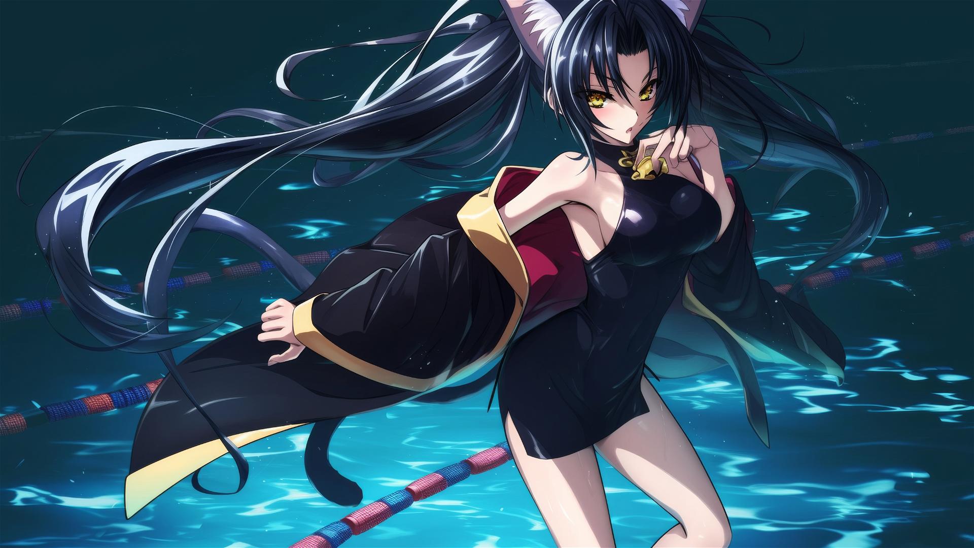 Kuroka from High School DxD swimming in moonlit pool with long black hair and hazel gold cat-like eyes