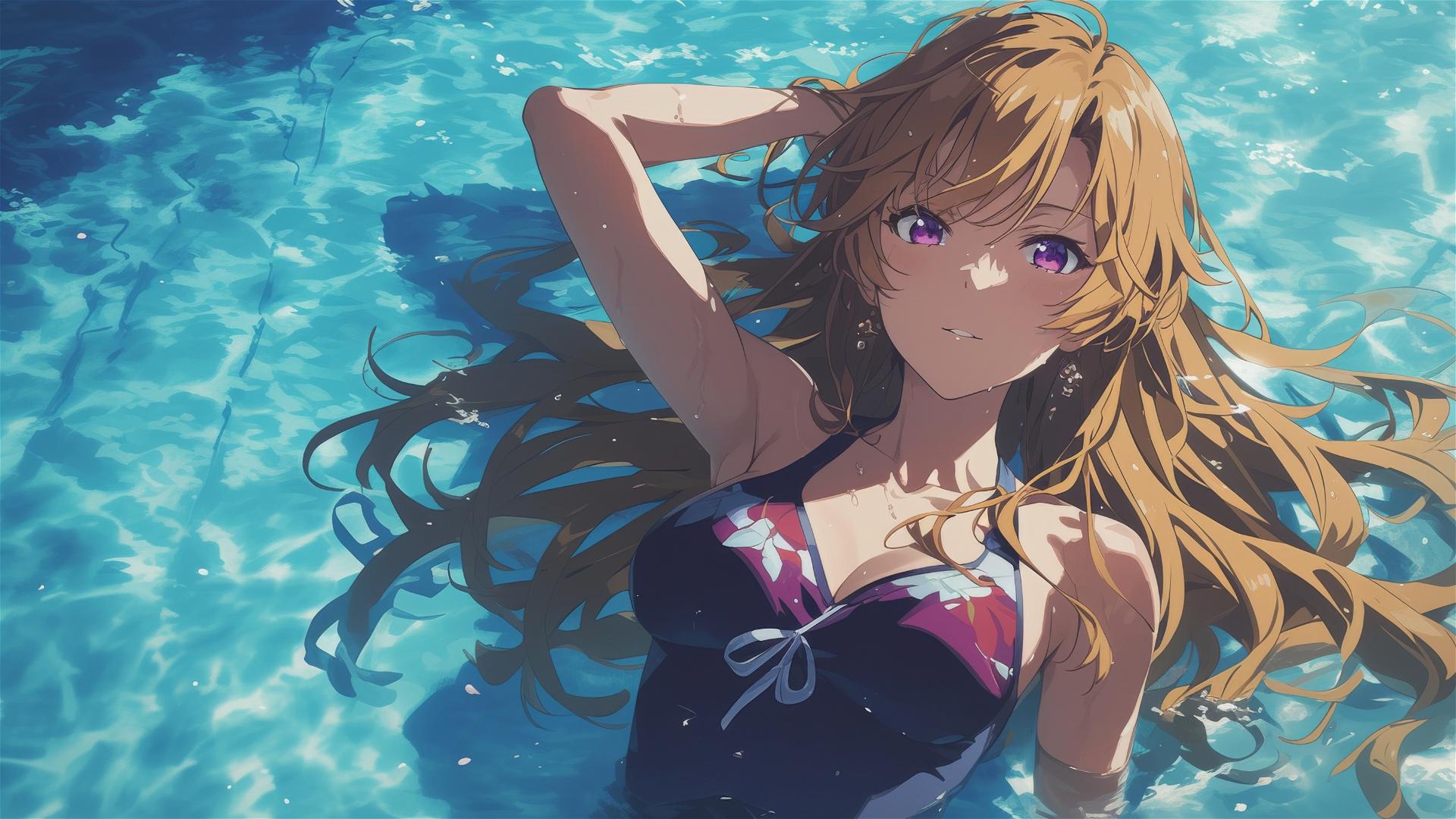 Erina Nakiri swimming under moonlight with pinkish-purple eyes, blonde hair